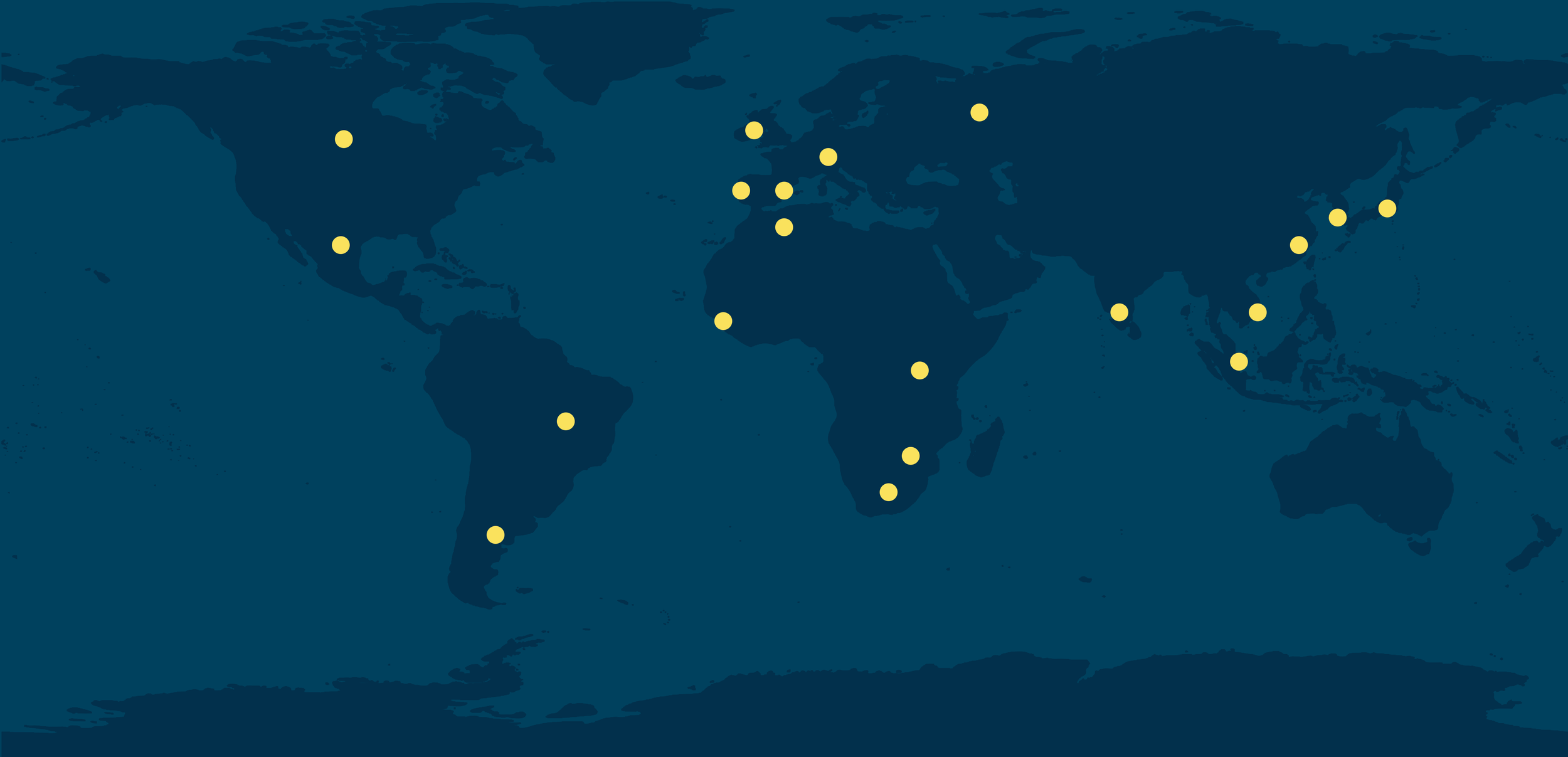 World map with yellow dots marking locations in North America, Europe, Africa, Asia, South America, and Australia.