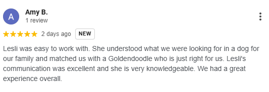 Five star Google review for Oregon's Legendary Goldendoodles supports temperament matching