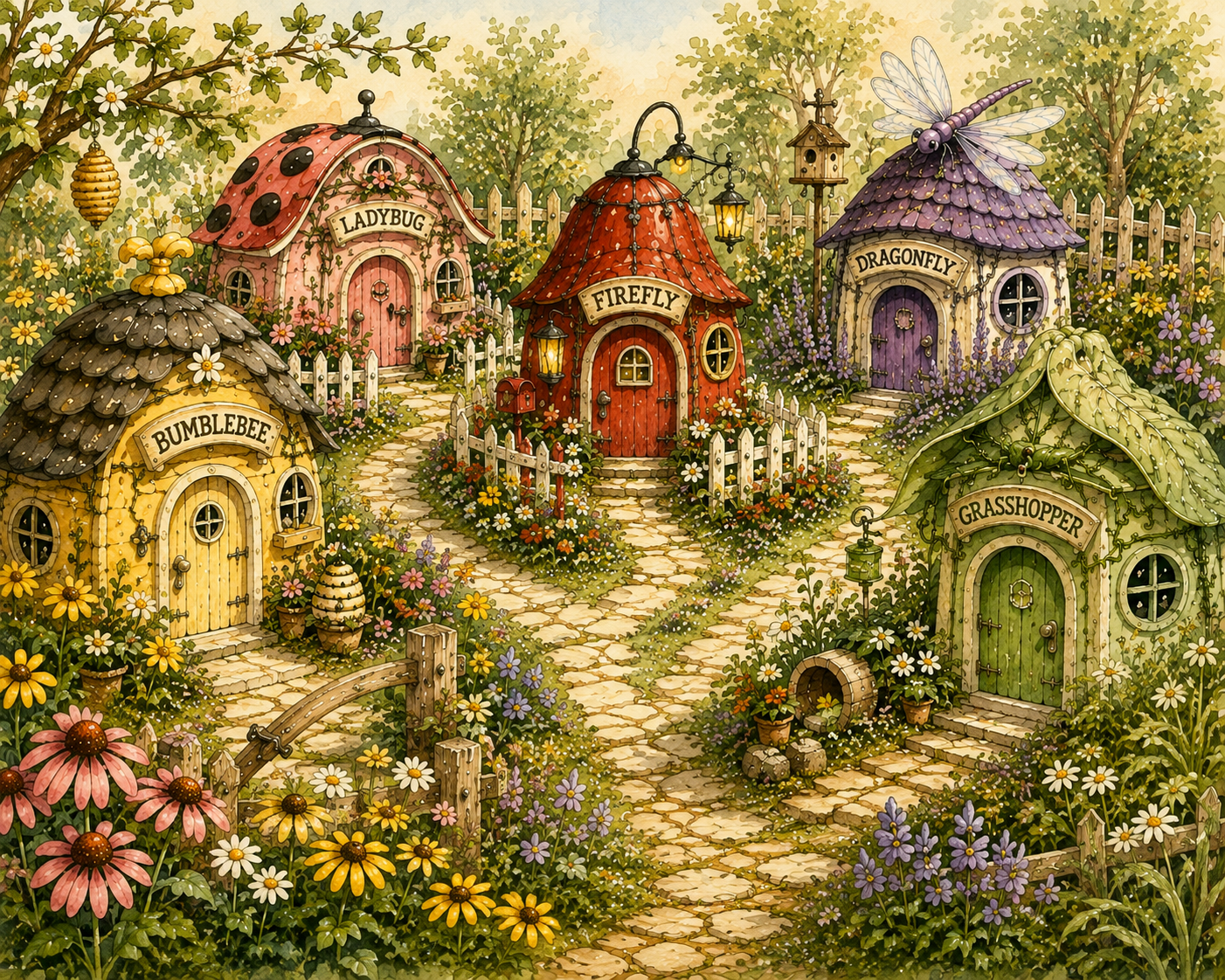 Honey and Pippin’s Summer Bugs garden village with five whimsical puppy-sized bug houses
