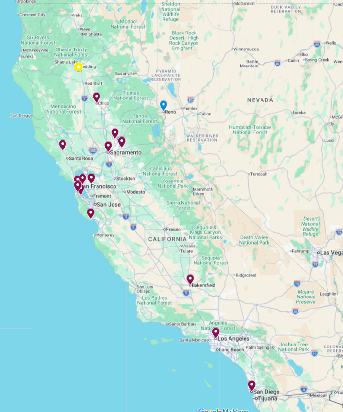 Interactive map showing Oregon's Legendary Goldendoodles puppy families throughout California and the United States