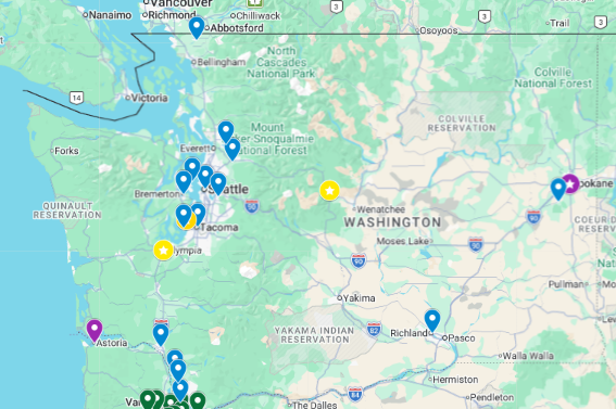 Interactive map showing Oregon's Legendary Goldendoodles puppy families throughout Washington and the United States