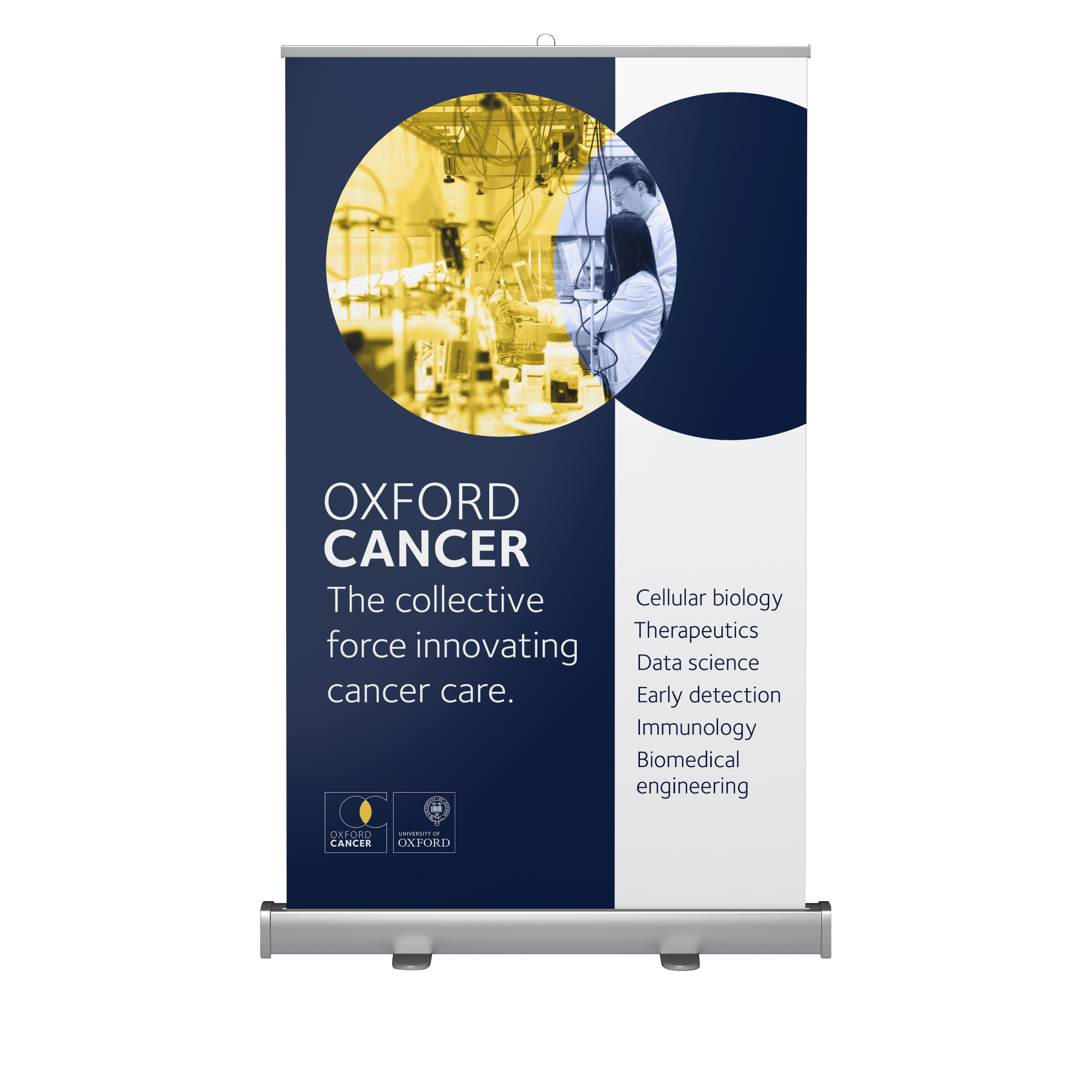 Oxford Cancer banner displaying text about innovative cancer care with fields like cellular biology and immunology, featuring circular images of laboratory scenes.