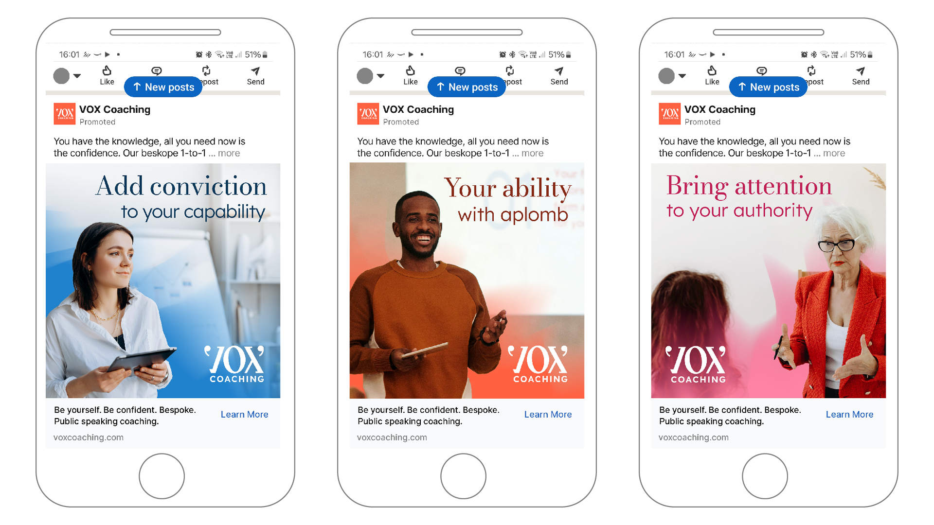 Screenshots of three mobile advertisements for VOX Coaching, each promoting public speaking coaching with different messages and imagery, including a woman with a tablet, a smiling man holding a tablet, and a woman with glasses speaking.