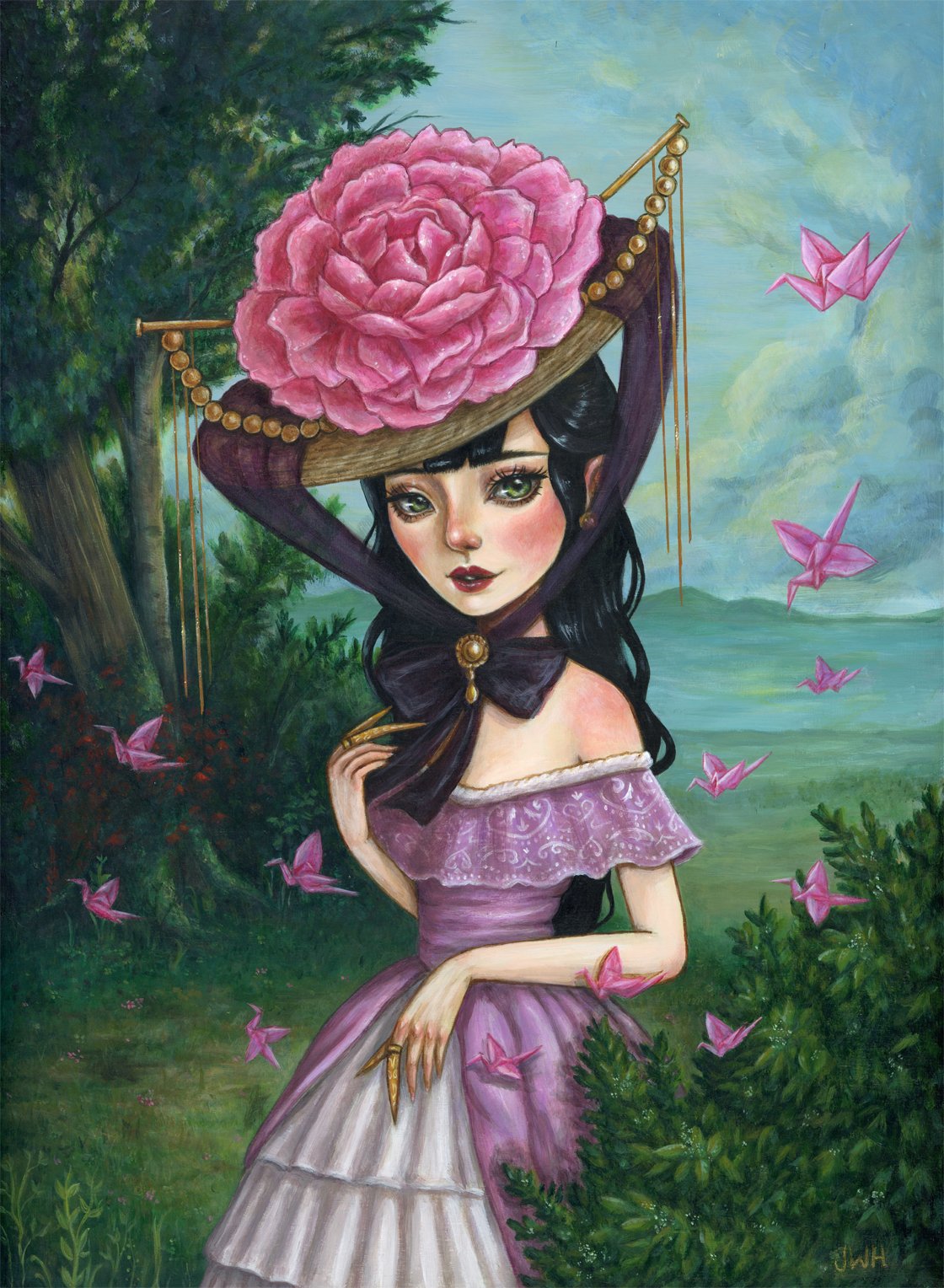 Mistress of Cranes, 12" x 16" Acrylics on Wood Panel, 2020 - NFS