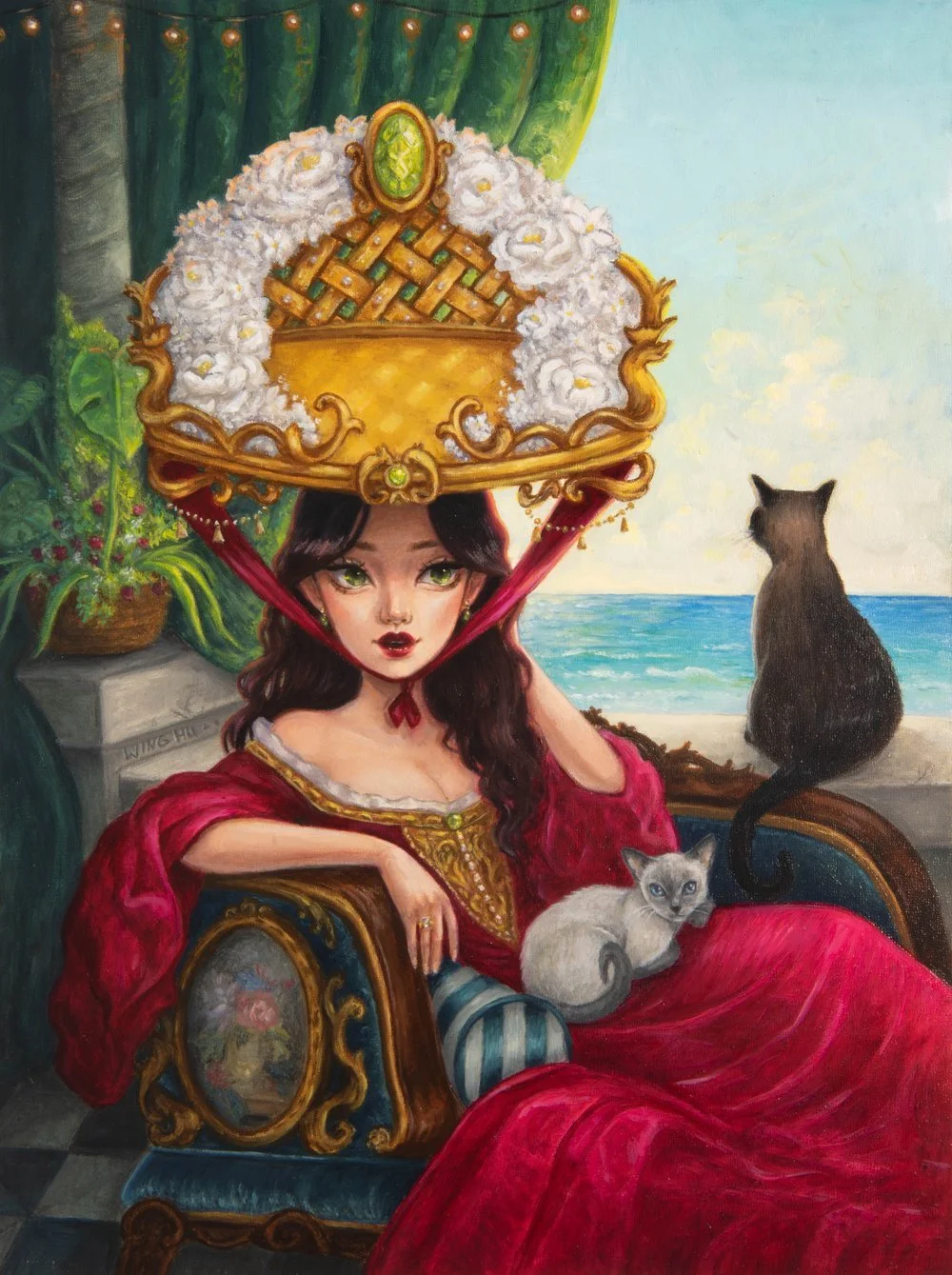 Afternoon at the Villa Magical Oil Painting with Ornate Hat and Cats