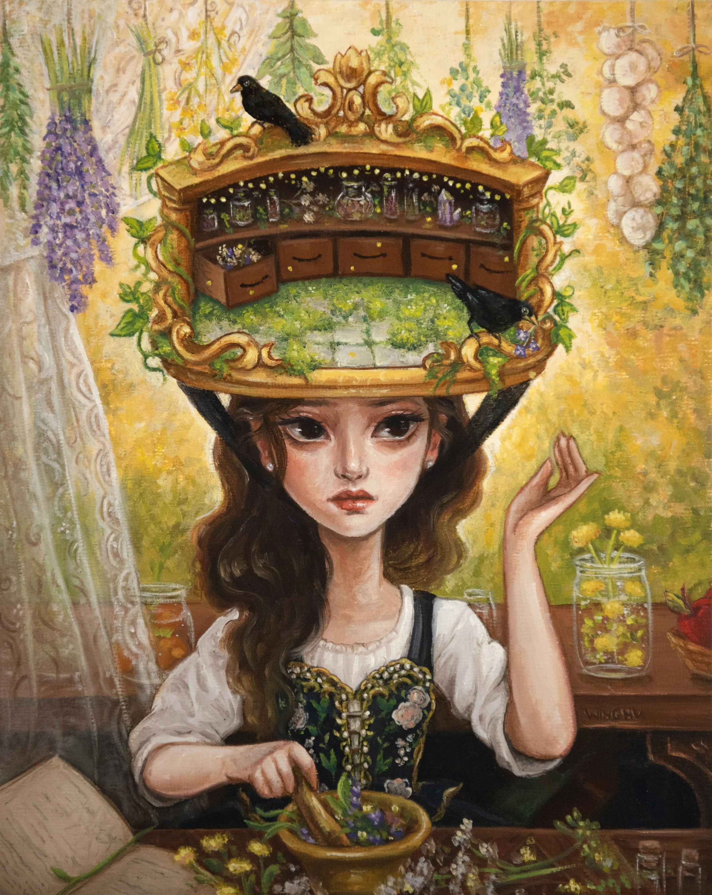 Little Helpers  – Surreal Ornate Apothecary Hat & Embroidery Big Eye Original Framed Oil Painting