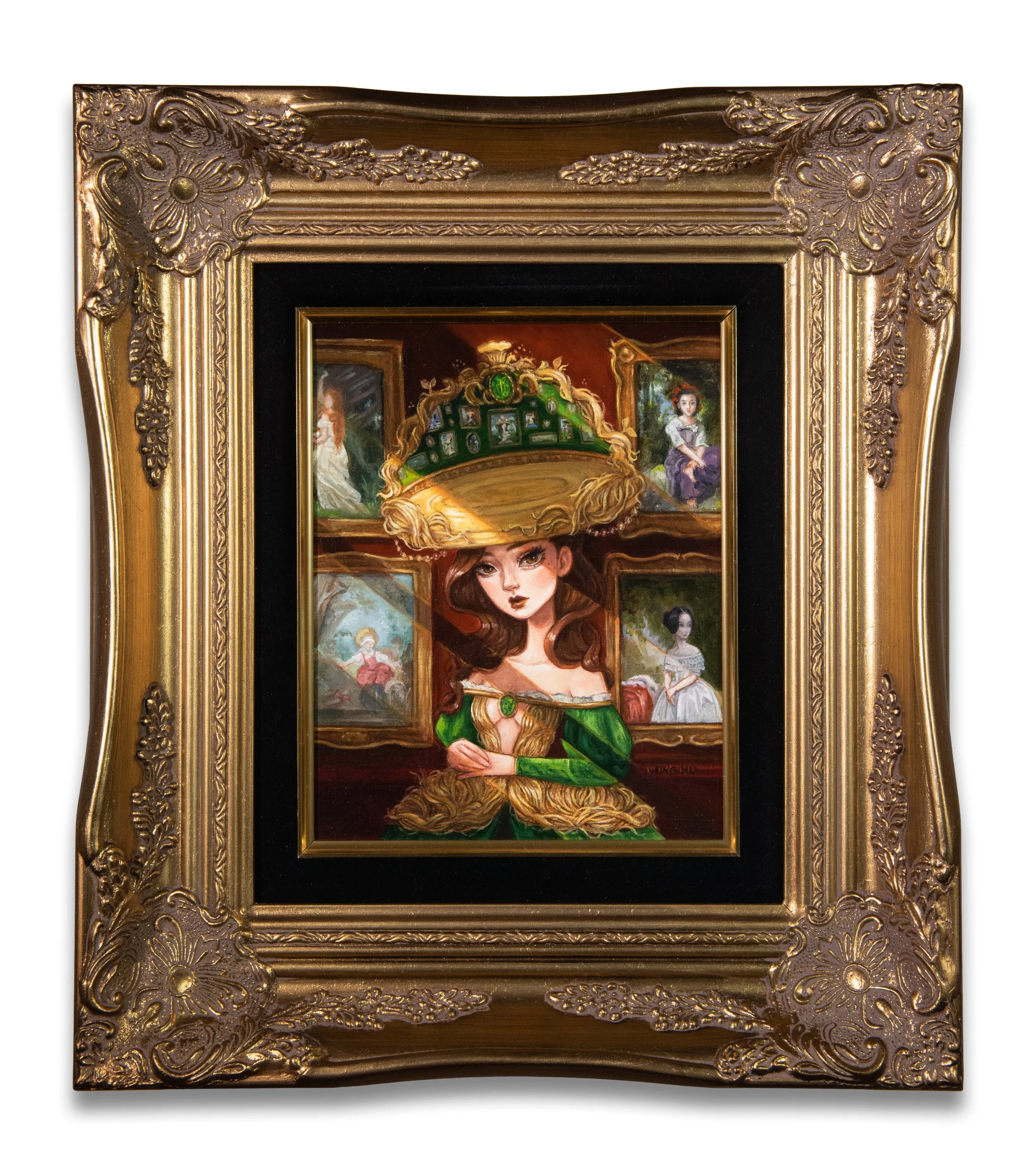 [Gallery Link in Description] The Dreamer's Collection  –  Ornate Brimmed Hat & Gilded Roots Big Eye Original Framed Oil Painting