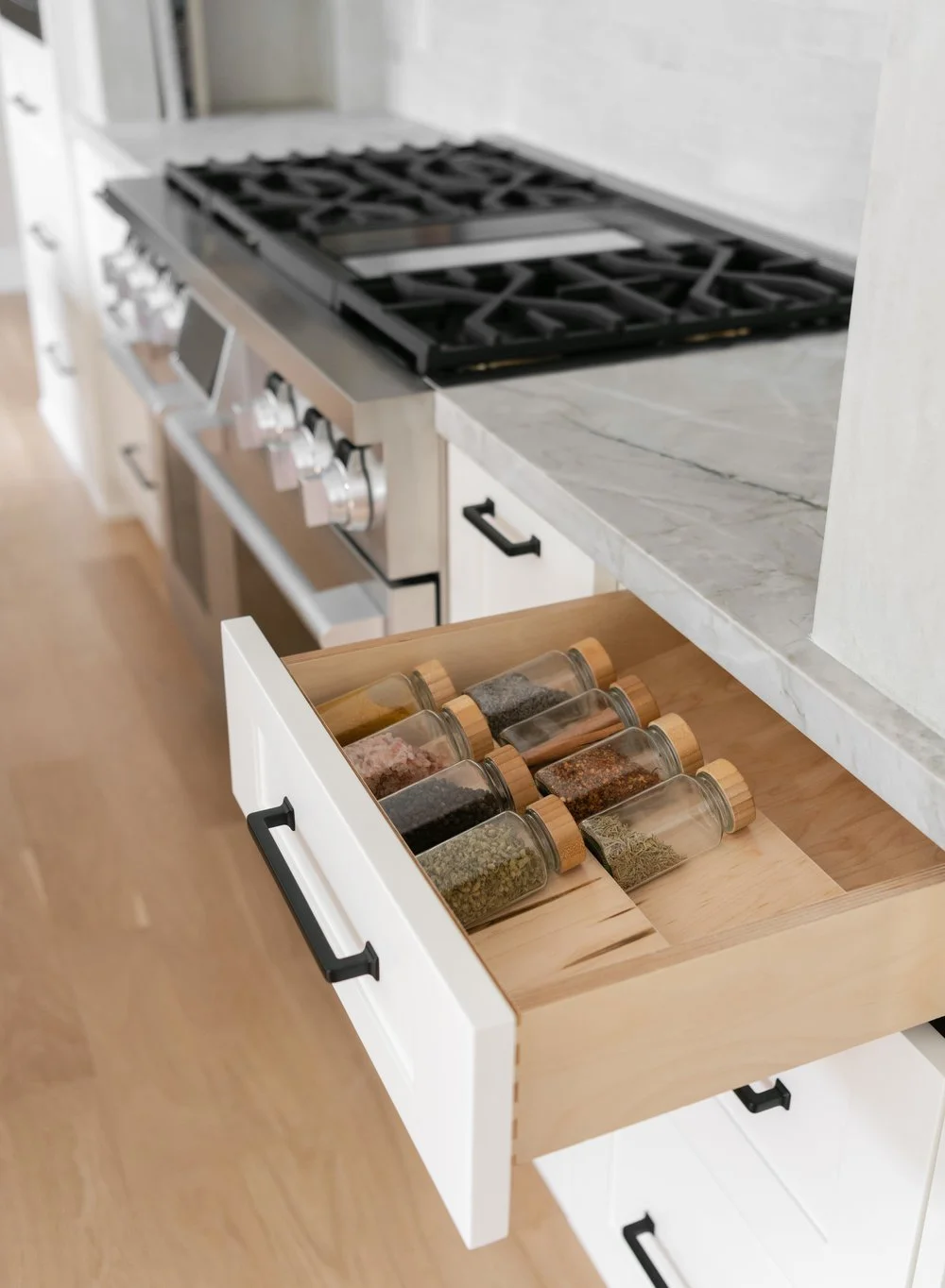 Upscale kitchen drawers with elegant and high-end finishes.