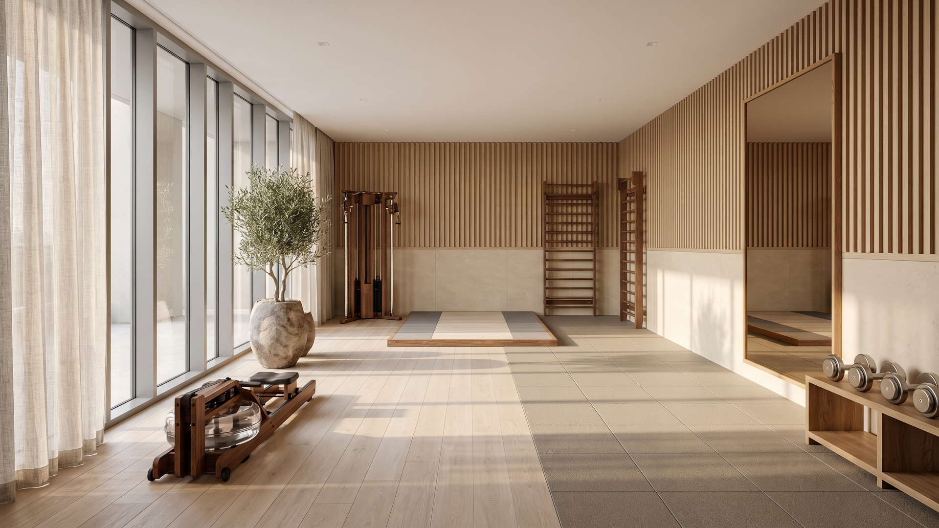 Movement studio, Hinoki palette, development wellness floor — Paradigm concept study