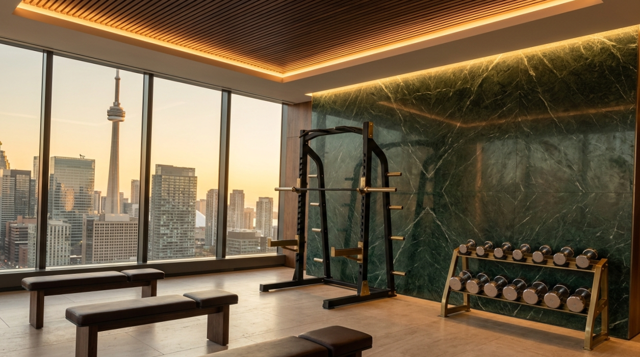 Strength room, green marble and brass palette, development amenity floor — Paradigm concept study