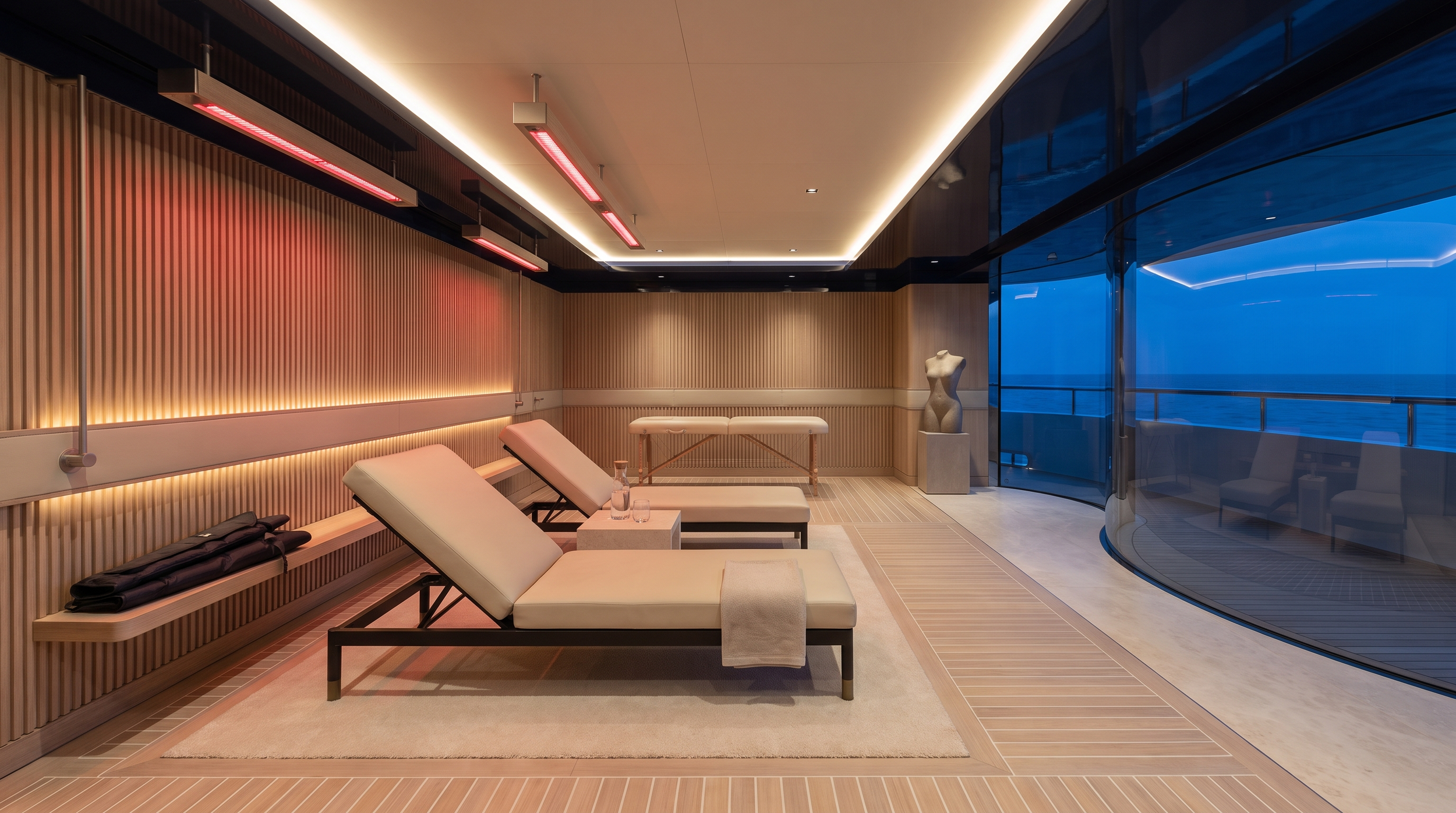 The Lounge, red light and leather palette, yacht — Paradigm concept study