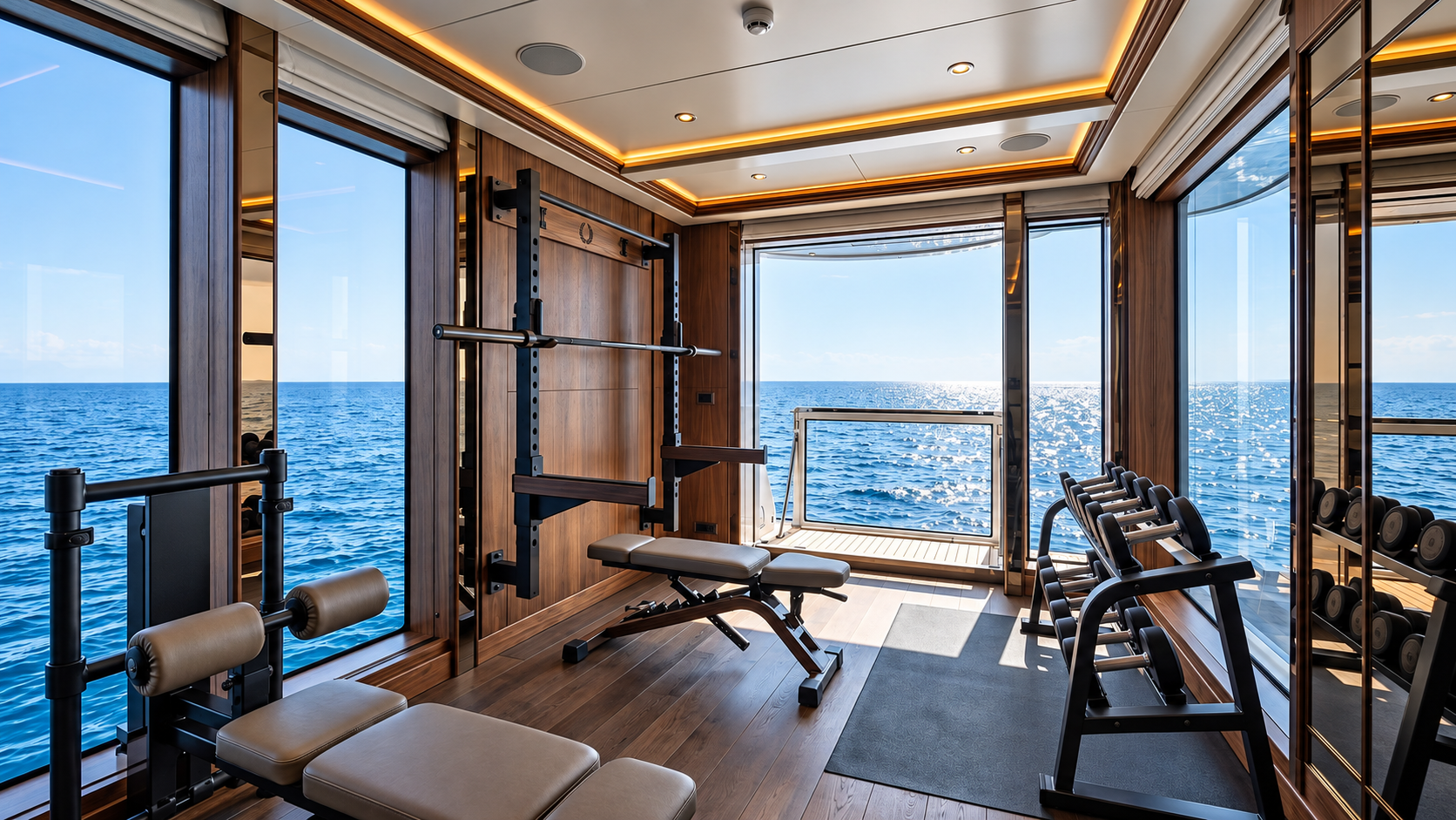 Strength room, contemporary matte palette, yacht — Paradigm concept study 