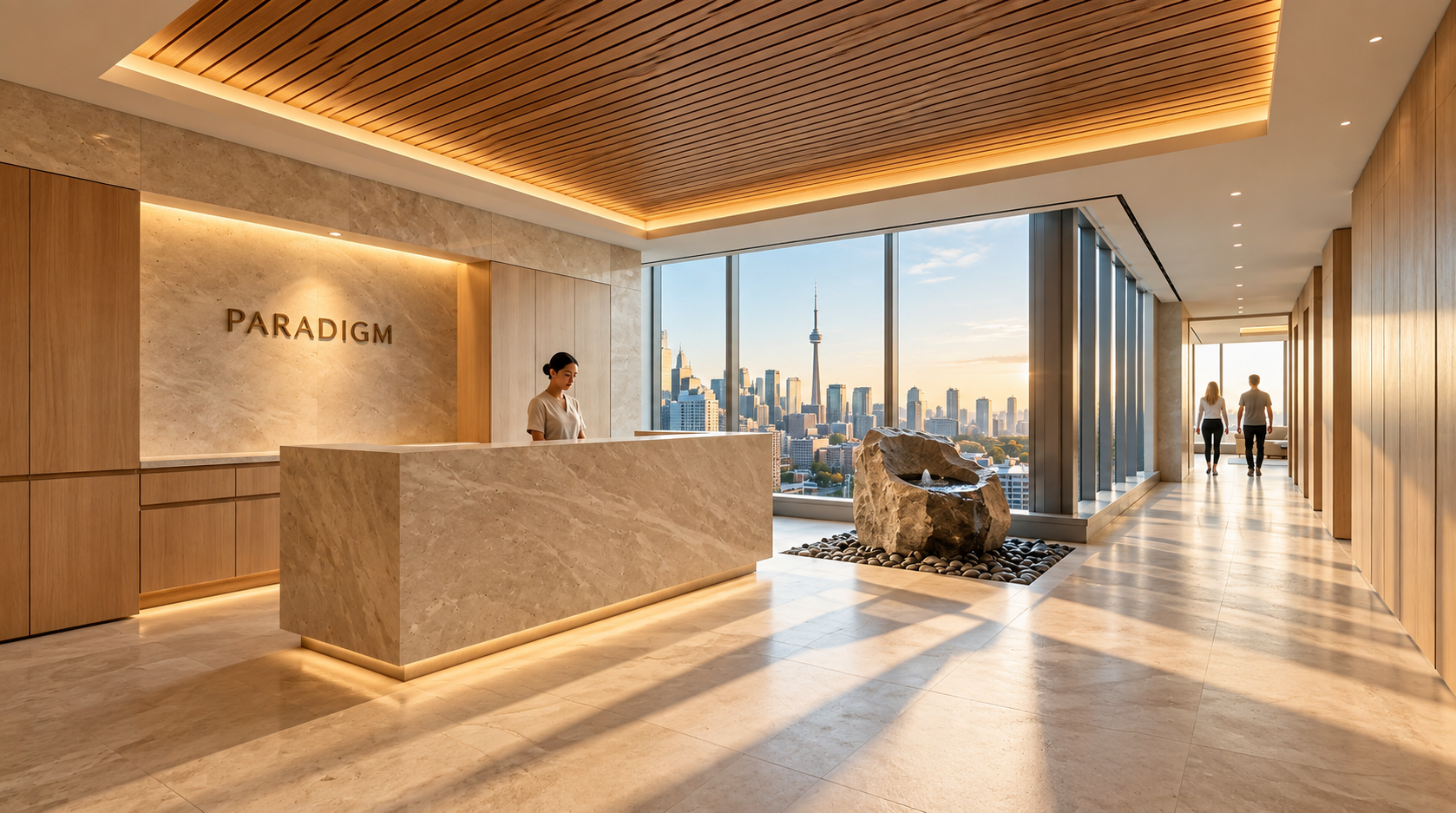 Arrival, Hinoki palette, development amenity floor — Paradigm concept study