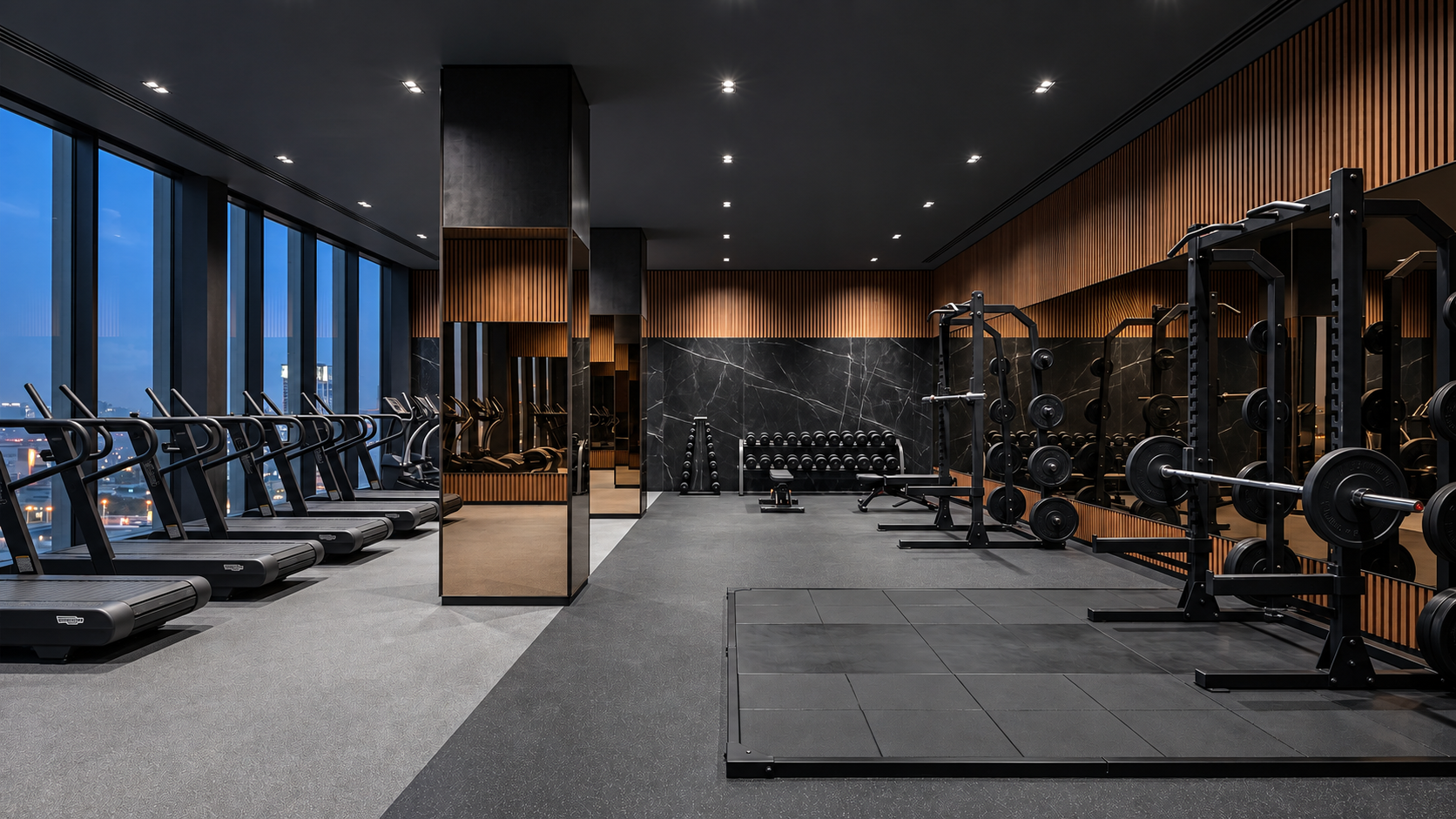 Training floor, Volcanic palette, hotel wellness floor — Paradigm concept study