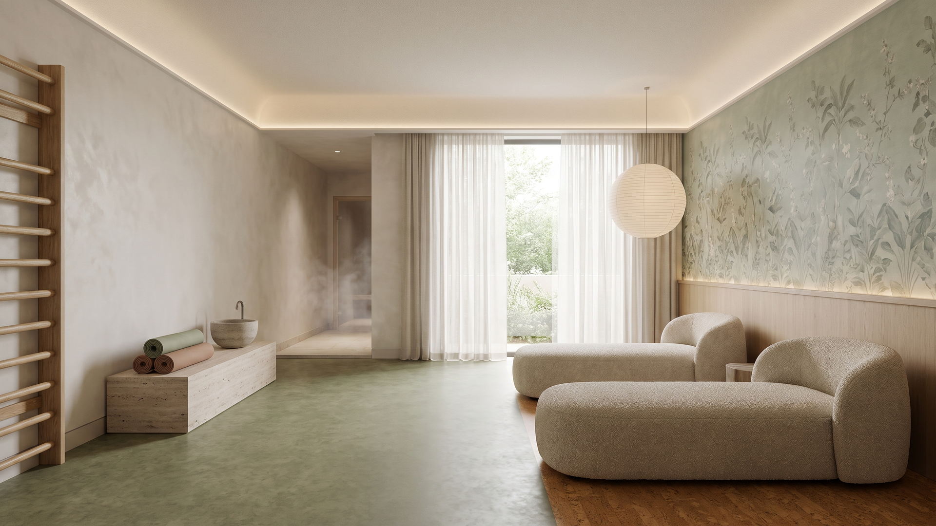 Recovery suite, Moss & Limestone palette, hotel wellness floor — Paradigm concept study