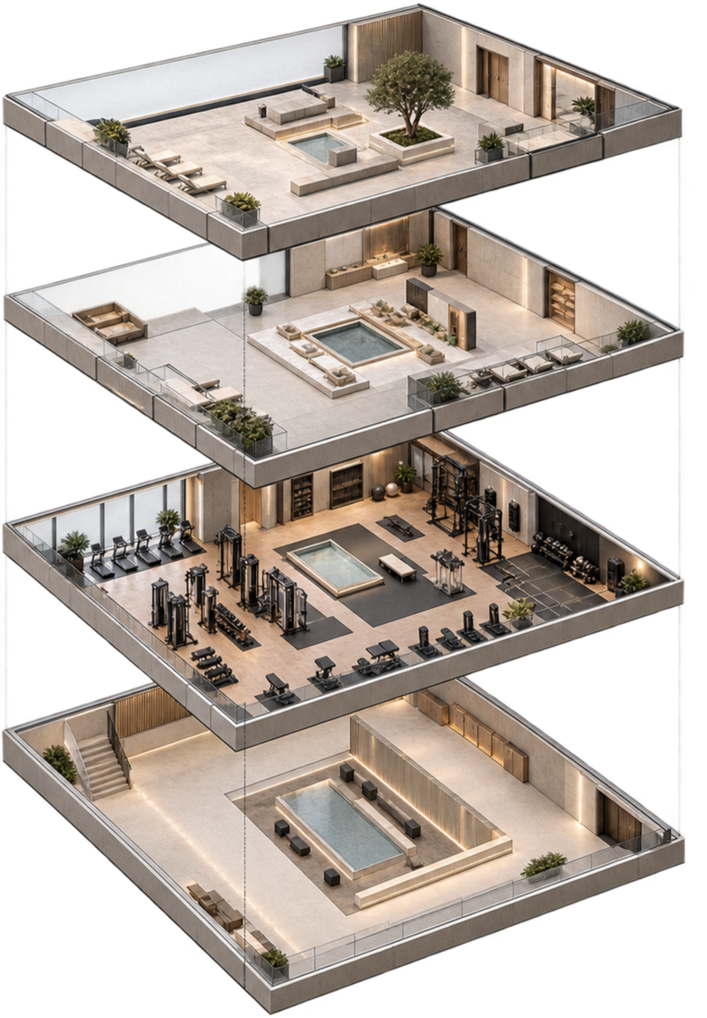 A 3D illustration of a four-story modern rooftop building with each floor dedicated to a different recreational or fitness area. The top floor features a lounge with a seating area, small pools, and planters. The second floor is an outdoor relaxing space with a hot tub, seating, and potted plants. The third floor is a gym with various workout equipment, a pool, and seating. The ground floor has a large indoor pool, lounge chairs, and stairs leading up to the building.