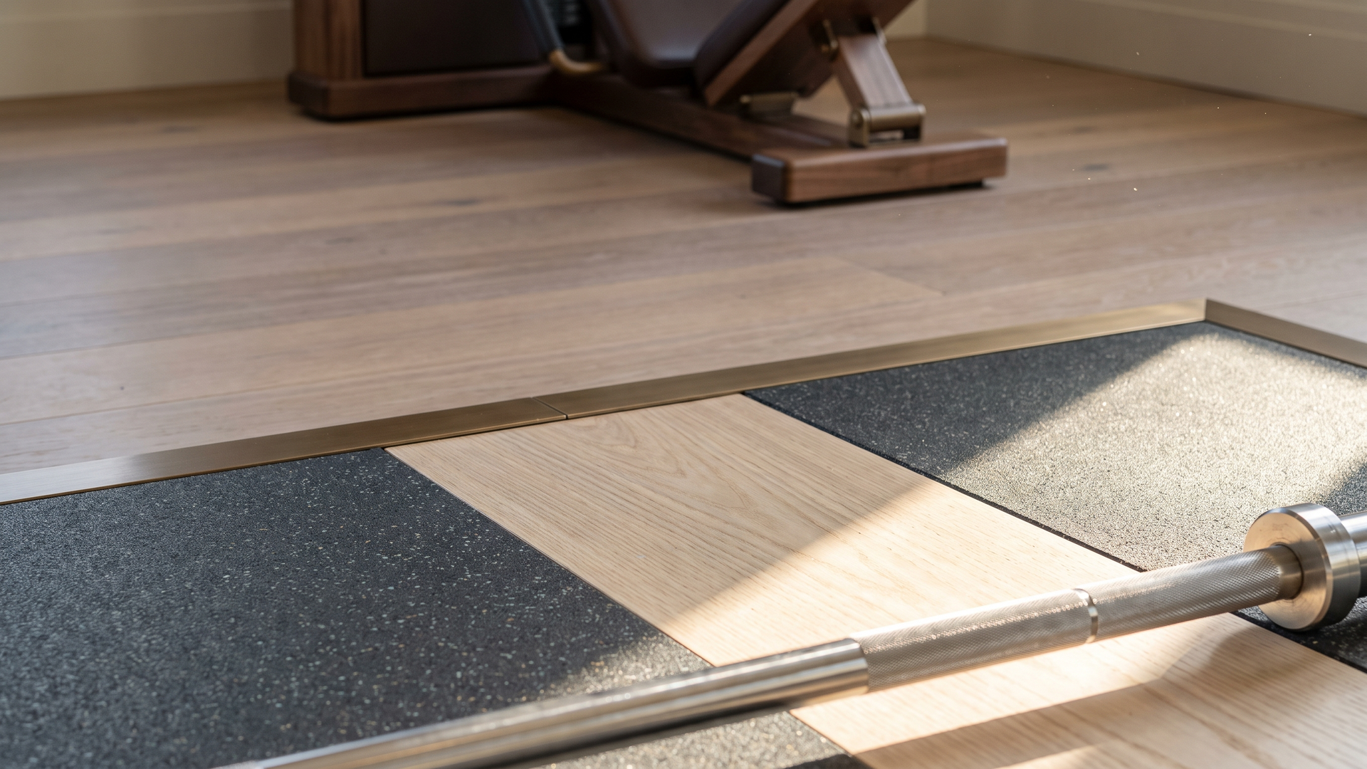 Platform detail, Bleached Walnut palette, private residence gym — Paradigm concept study