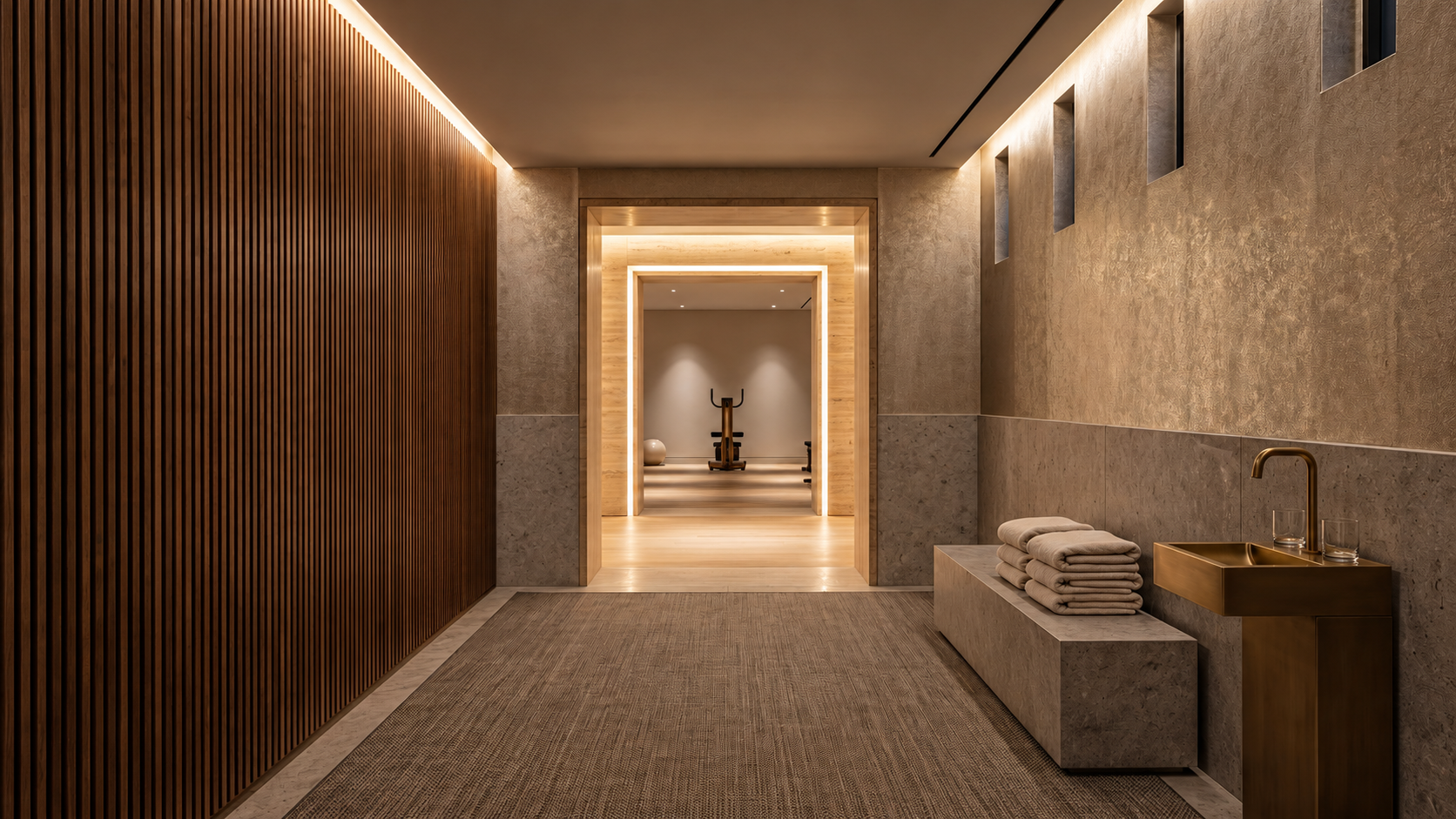 Arrival corridor, walnut and travertine palette, development amenity floor — Paradigm concept study