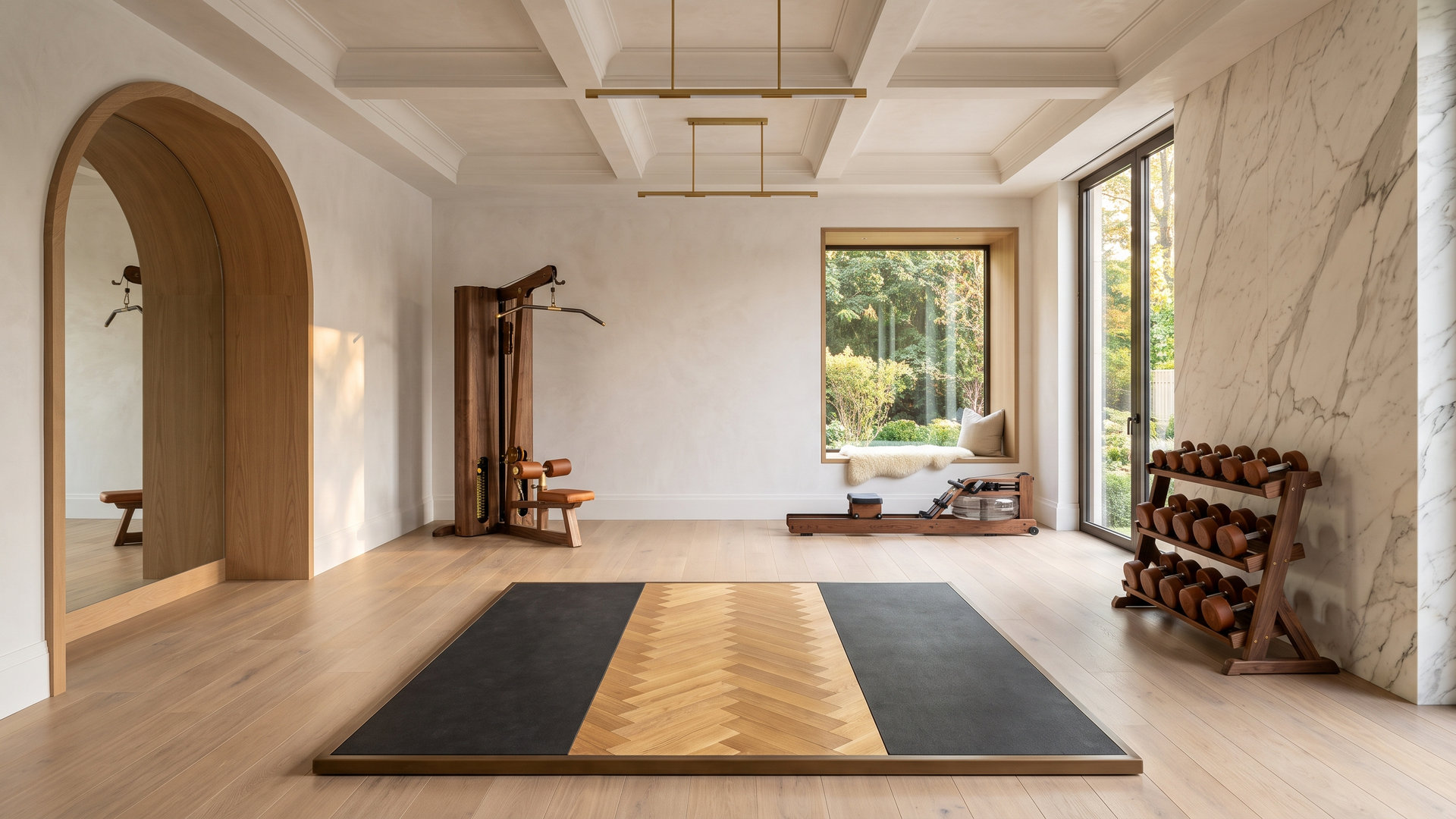 The Bleached Room, Bleached Walnut palette, private residence gym — Paradigm concept study