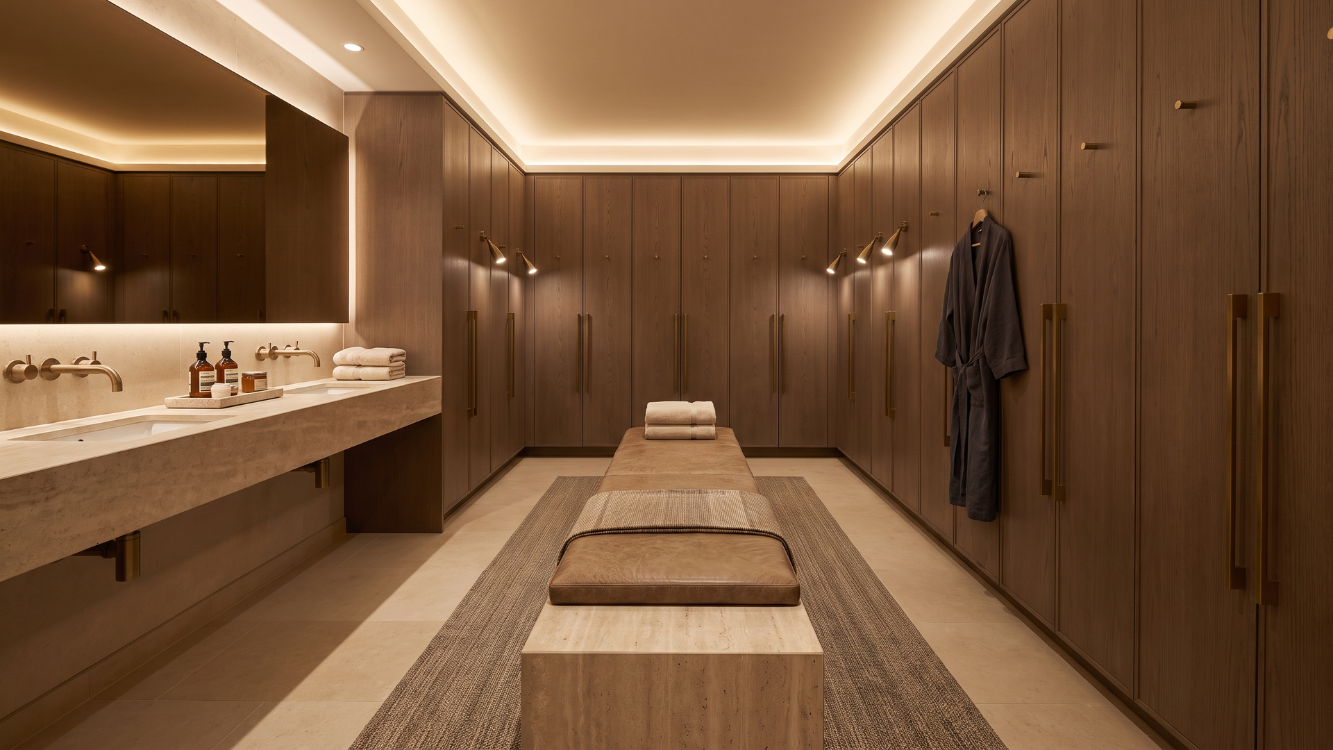 Changing suite, Desert Bronze palette, development wellness floor — Paradigm concept study