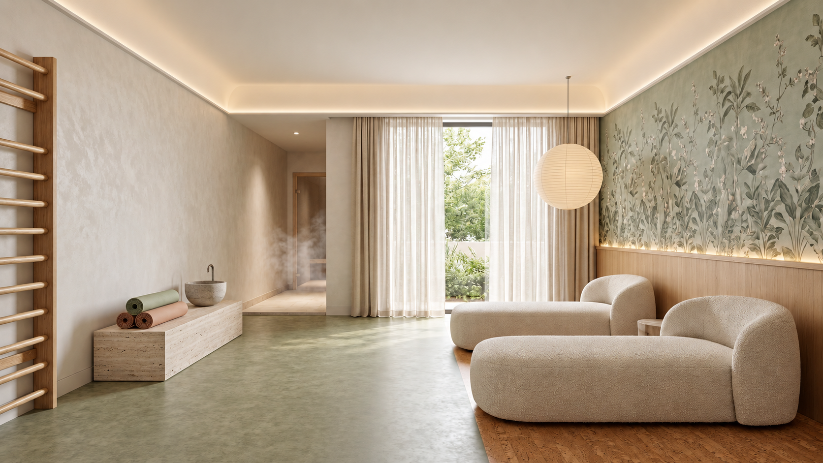 Minimalist living room with light beige couches, botanical wallpaper accent wall, large window with sheer curtains, wooden bench with rolled yoga mats and stone basin, and a hanging paper lantern.