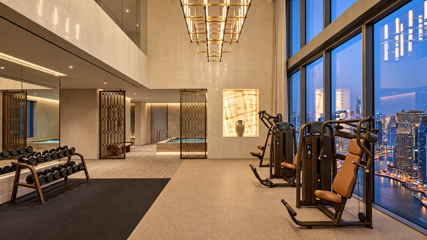 Longevity floor, Desert Bronze palette, hotel wellness floor — Paradigm concept study