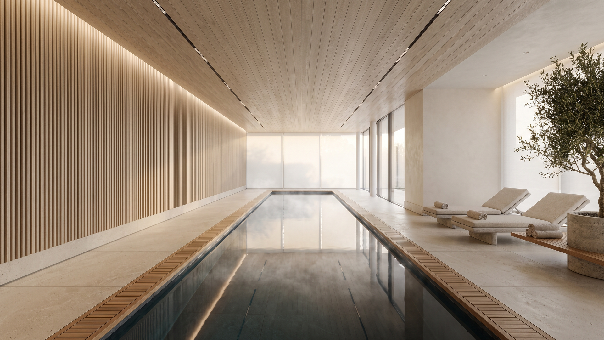 Amenity pool, Hinoki palette, development wellness floor — Paradigm concept study