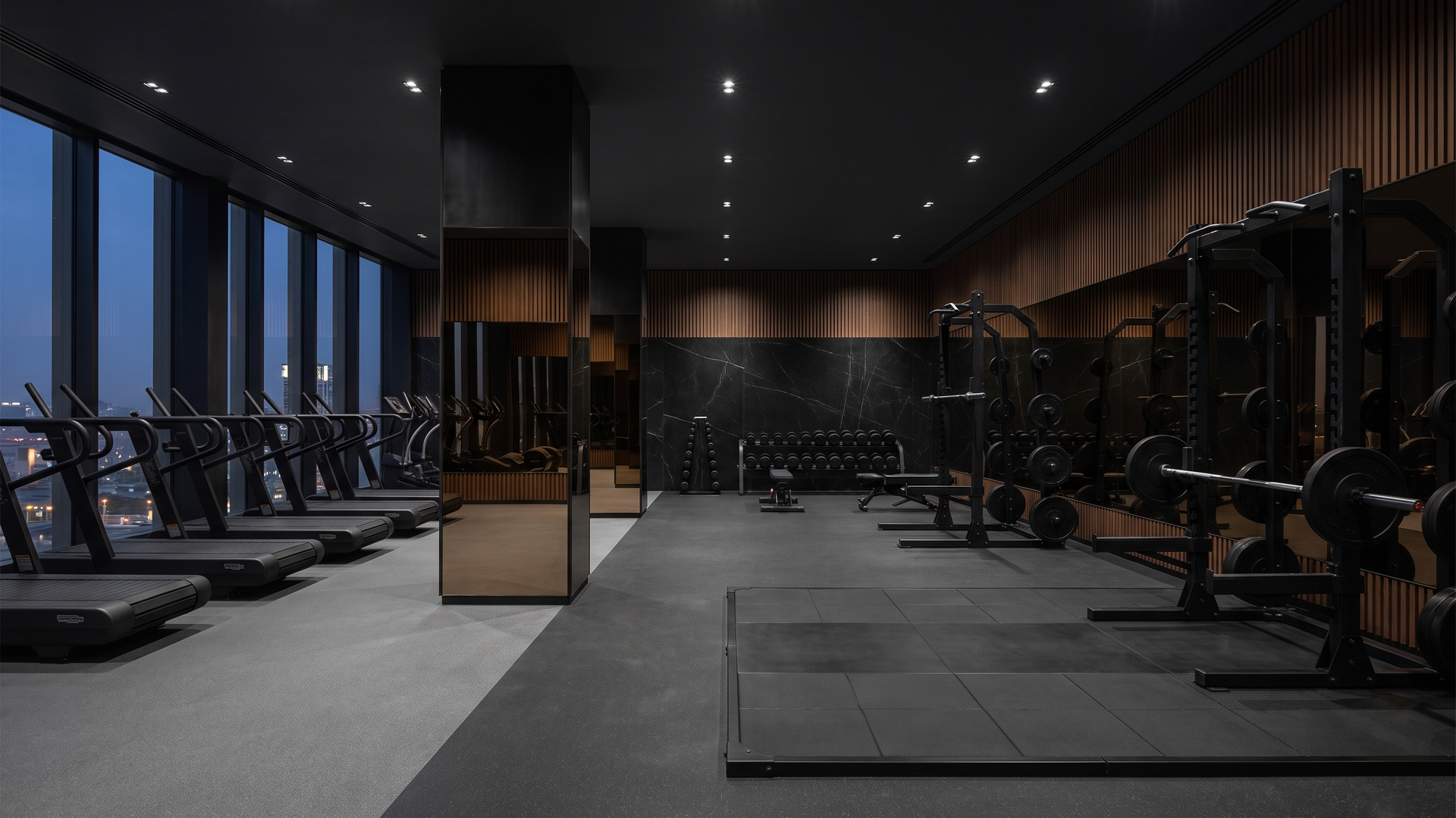 Training floor, Volcanic palette, hotel wellness floor — Paradigm concept study