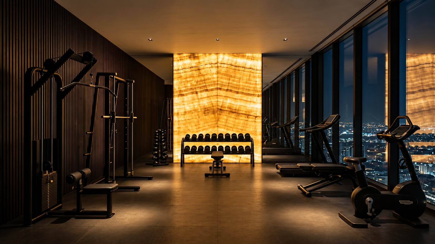 The Onyx Room, Volcanic palette, hotel wellness floor — Paradigm concept study