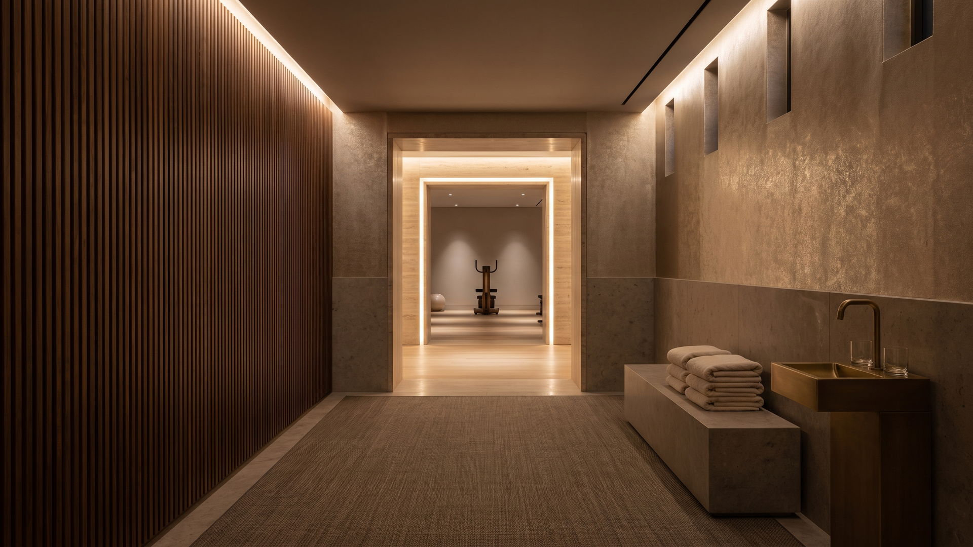 Arrival corridor, walnut and travertine palette, development amenity floor — Paradigm concept study