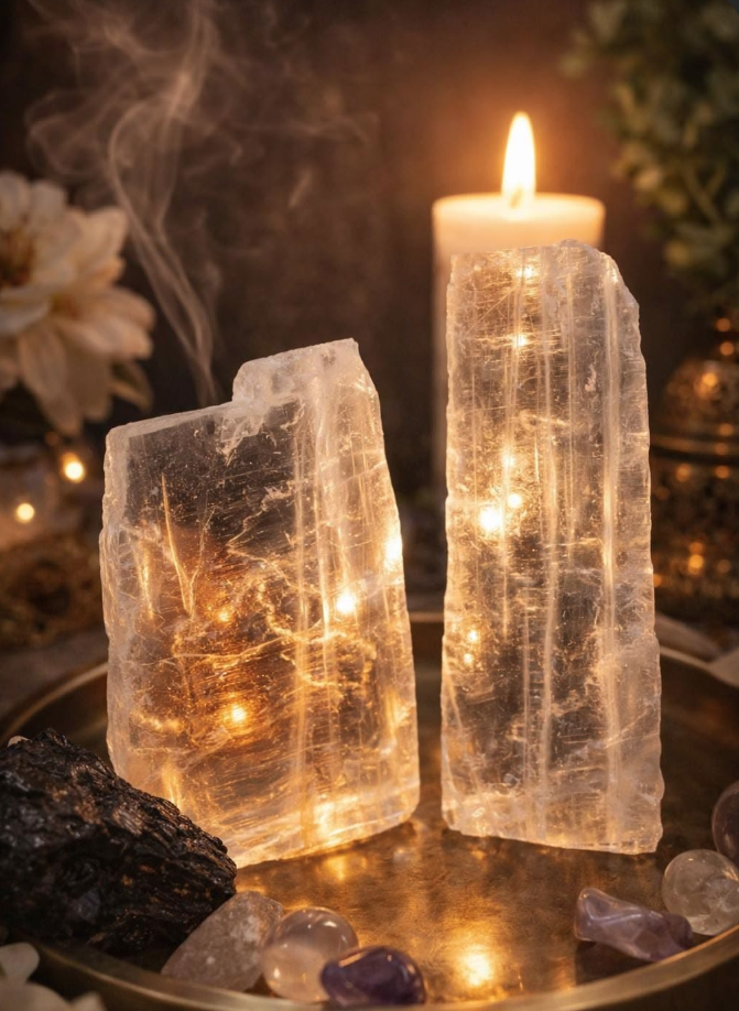 Two large illuminated salt crystals on a round metallic tray, with a lit candle in the background and decorative stones around them.