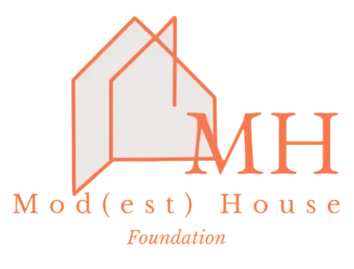 Logo for Modest House Foundation with an abstract house and a roof in orange and beige colors.