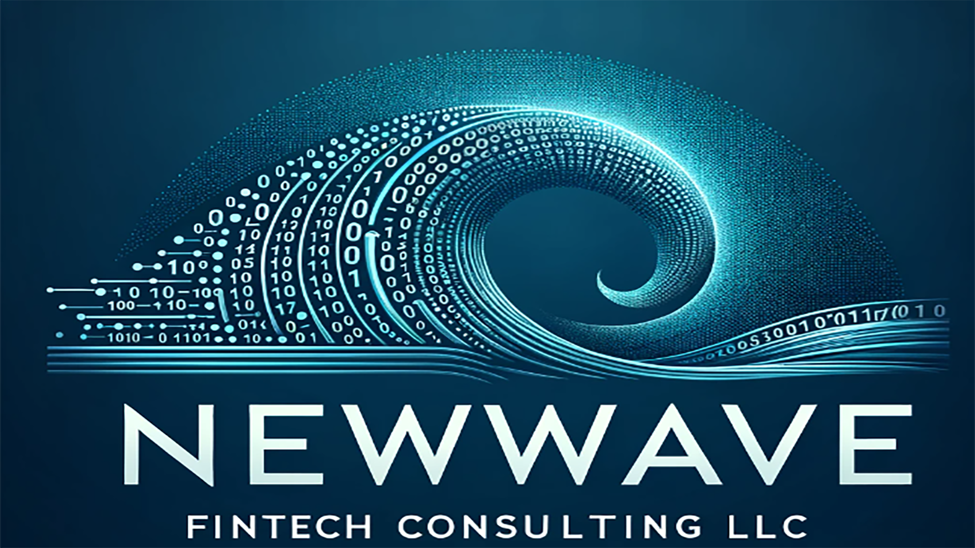 Futuristic digital wave with binary code and circuit lines, with the text 'NEWWAVE FINTECH CONSULTING LLC' below.