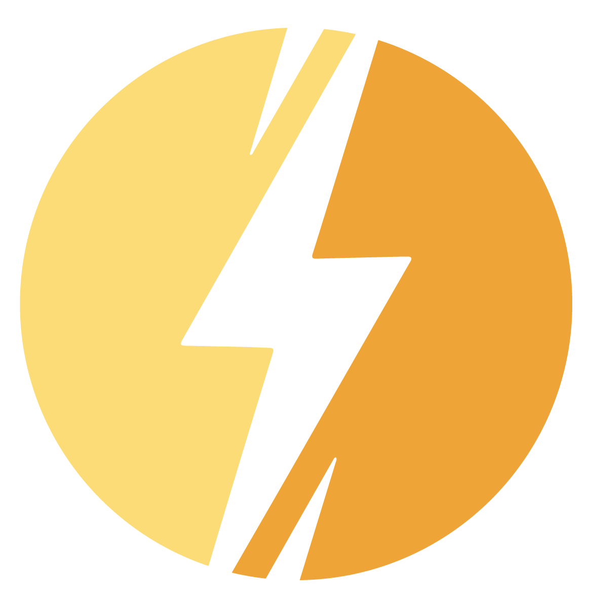 A circular logo featuring a black lightning bolt split into black and yellow sections.