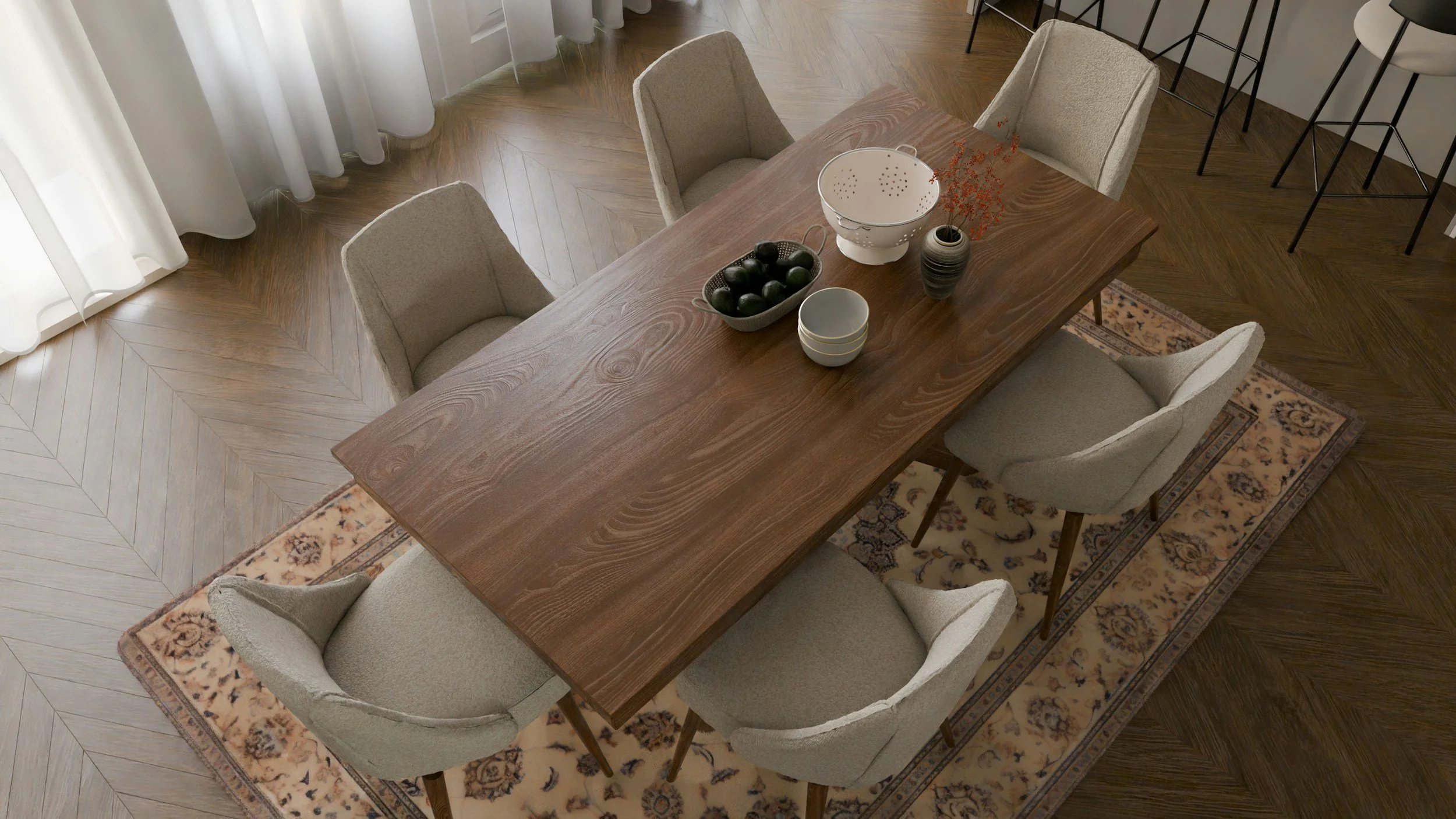 6-seat walnut dining table.