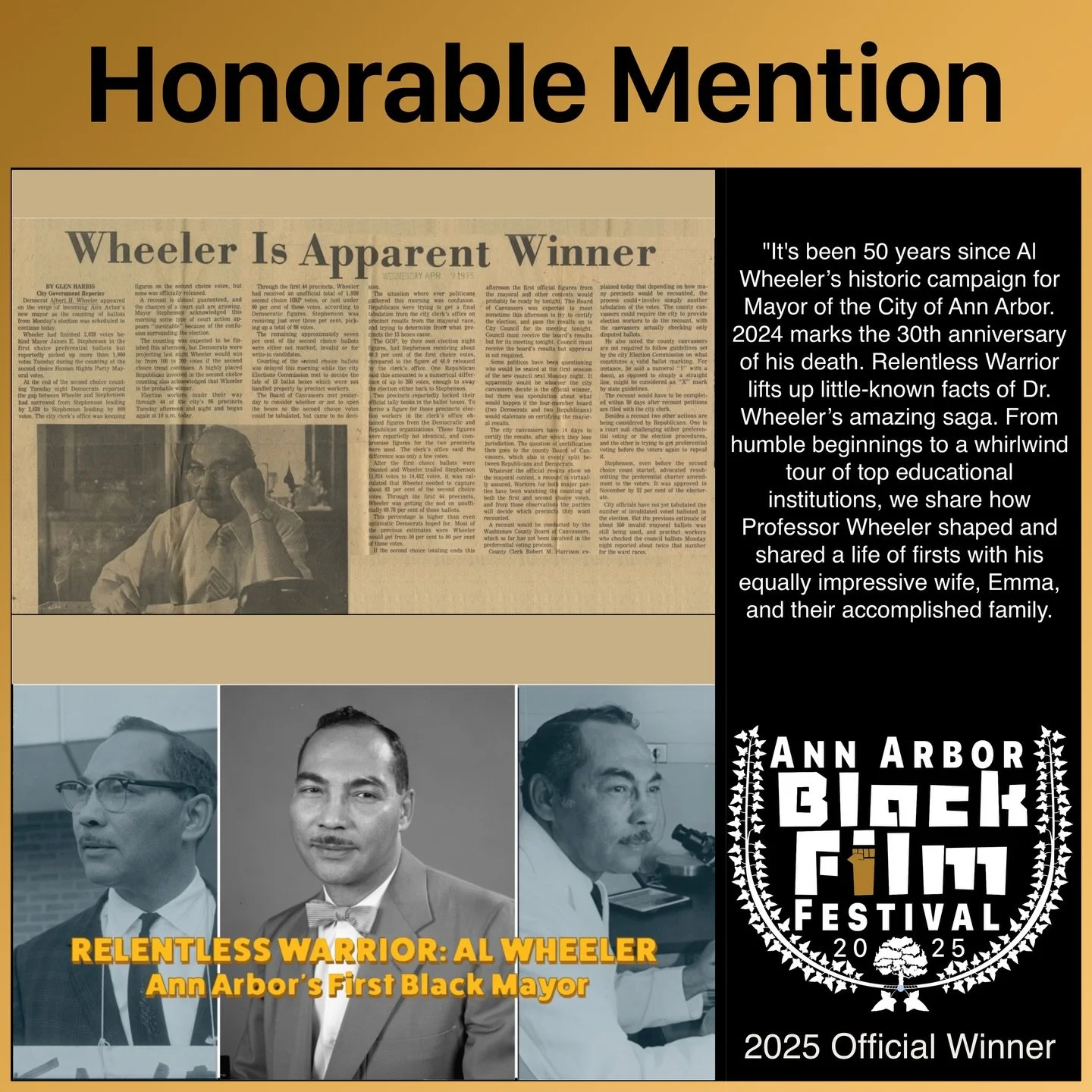 Relentless Warrior: Al Wheeler - Ann Arbor&rsquo;s First Black Mayor
Writer/Director/Producer: Carole Gibson
Series Producer: Donald Harrison
Director of Photography: Frederic M. Culpepper
Ann Arbor, MI
25 minutes 30 seconds
It&rsquo;s been 50 years 