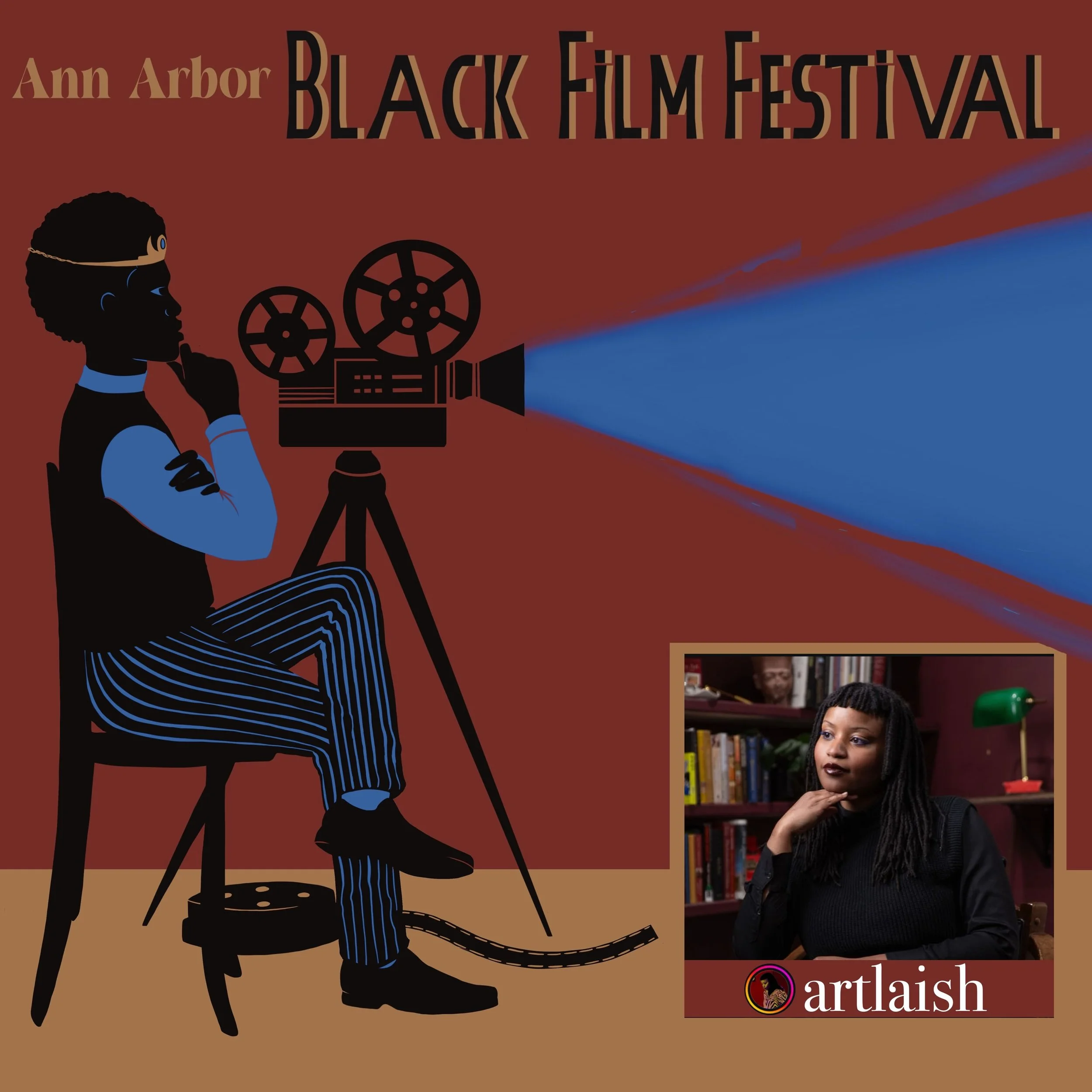 Detroit-based artist, Elaisha Hilliard created the art for the 2026 Ann Arbor Black Film Festival. She has a great collection of work, visit her Social media or website to see some of it.

Thank you for your work Elaisha and we can&rsquo;t wait to se