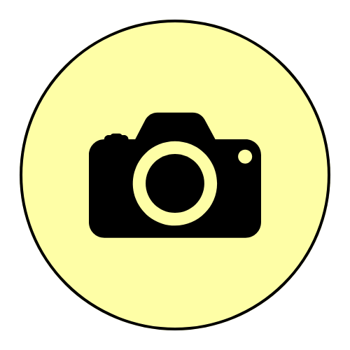 Icon of a camera inside a yellow circle with a black border.