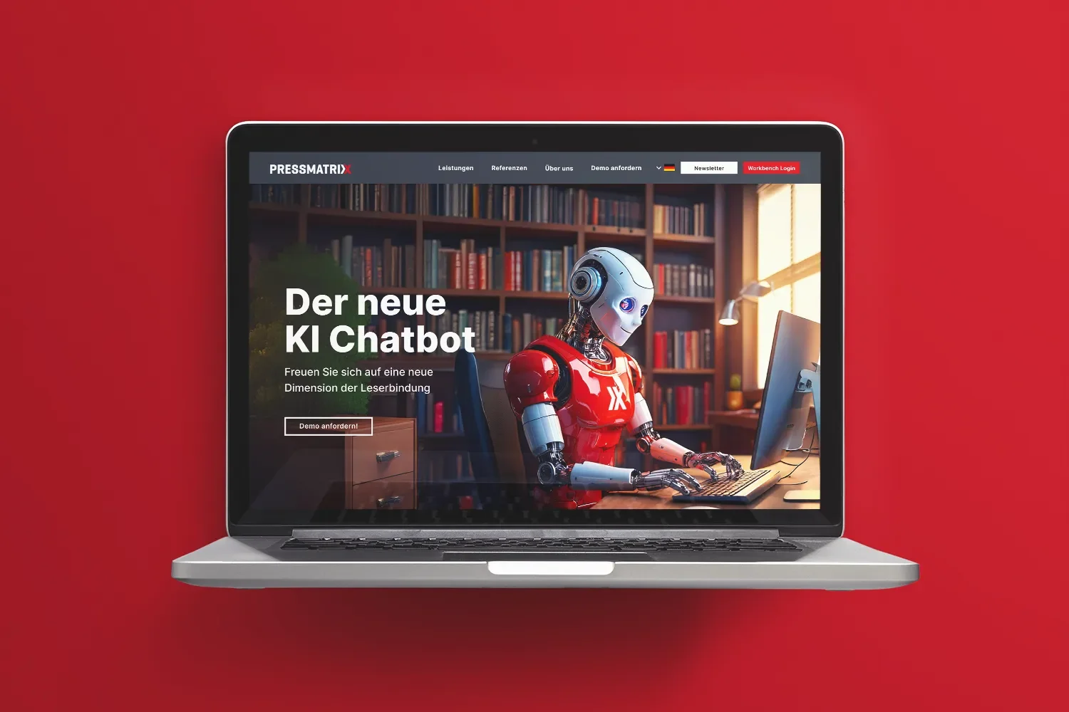 A laptop screen displaying a website about a new AI chatbot with a humanoid robot working on a computer in a library-like setting.