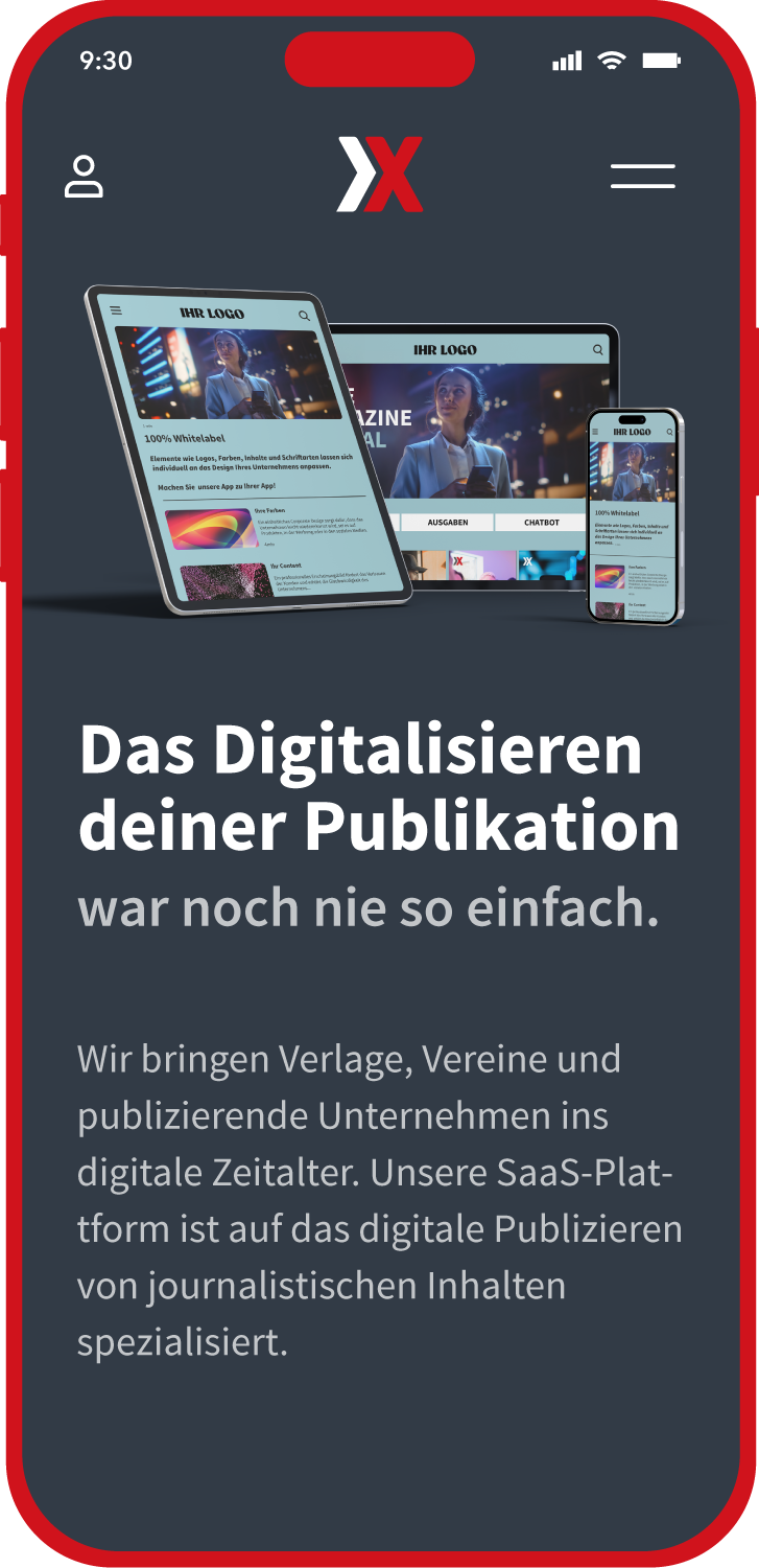 Mobile app interface promoting digital publication services, featuring images of a woman using a tablet, a laptop, and a smartphone displaying digital content, with text in German explaining the platform's benefits for publishers, associations, and businesses.