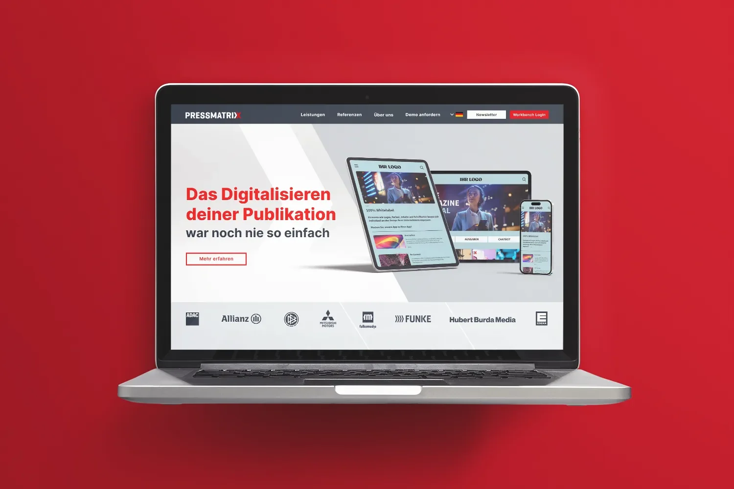 Laptop screen displaying a website in German about digital publishing, with images of various devices and logos of companies below on a red background.