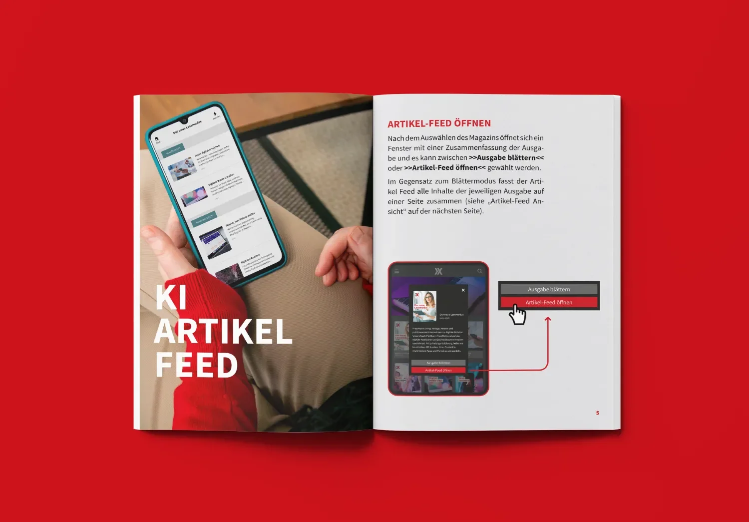 Open magazine showing instructions on how to open article feeds on a smartphone, with a photo of a person holding a phone and a screenshot of a phone interface on the page.