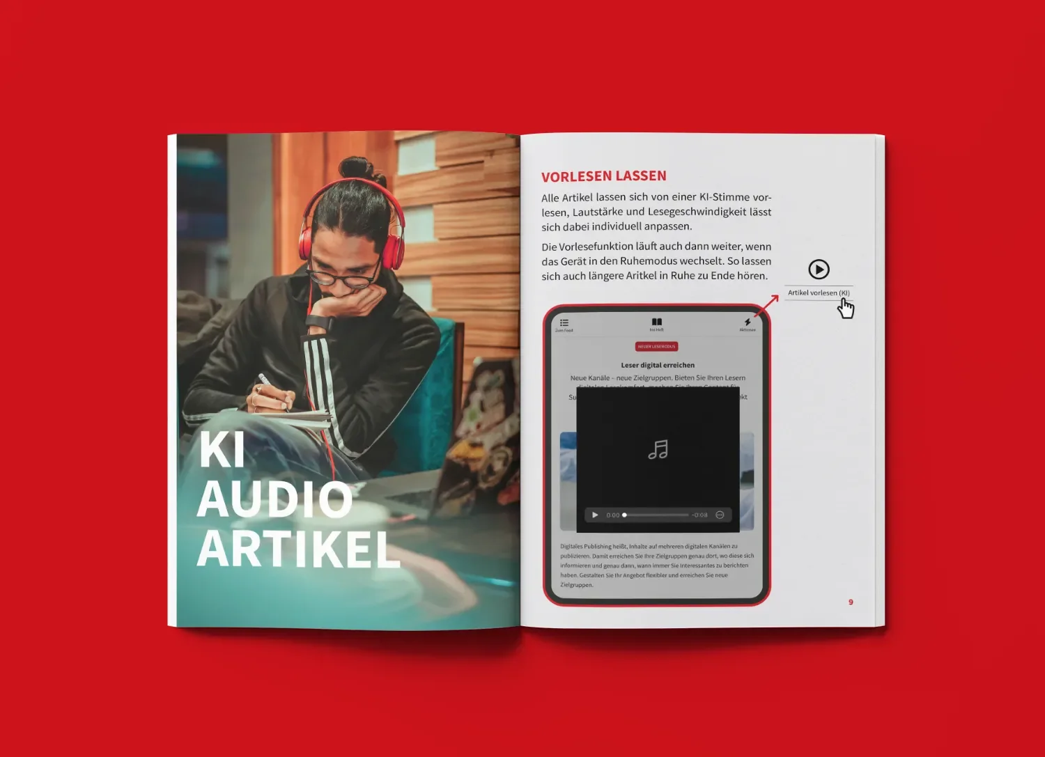 An open magazine displaying a person wearing red headphones, writing in a notebook. The left page has text in German and the title 'KI AUDIO ARTIKEL' overlayed on the image. The right page contains German text about reading articles, a smartphone graphic, and a cursor icon.