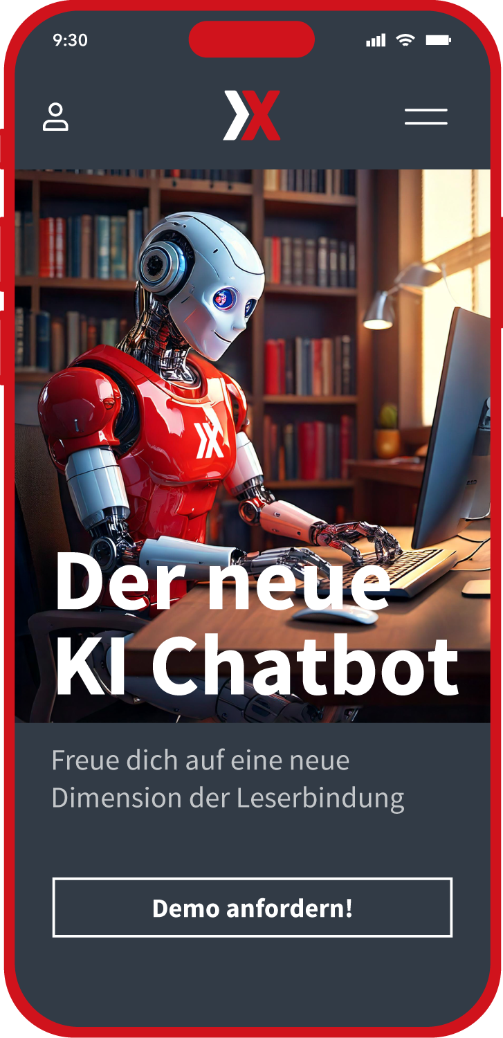 A robot with a humanoid appearance and a red and white suit sitting at a desk using a computer, with the text 'Der neue KI Chatbot' and a German language description about a new dimension of reading connection.