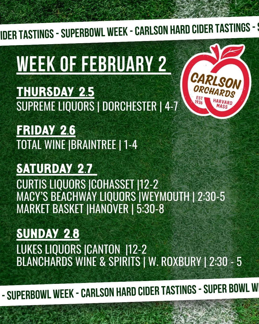 We&rsquo;re hitting the South Shore this week with tastings! Come try our newest style, Barrel Reserve&mdash;just in time for Super Bowl weekend (Go Pats!). Consider it your official pre-game warm-up. Great cider, a chance to come say hello, and a ve