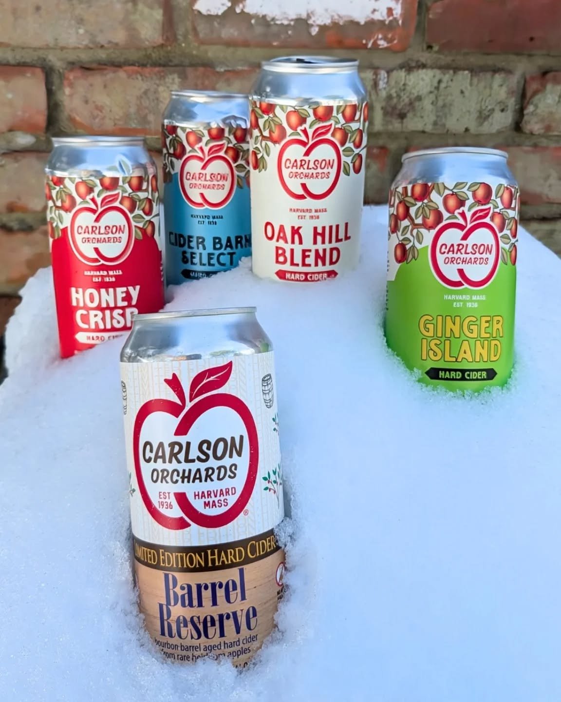 Five cans. One snowbank. Zero complaints.

Our lineup on shelves now:

Honeycrisp: semi-sweet, crisp and juicy with a touch of local honey. Like biting into the real thing.

Cider Barn Select: refreshingly dry, fermented with Belgian yeast for a clea