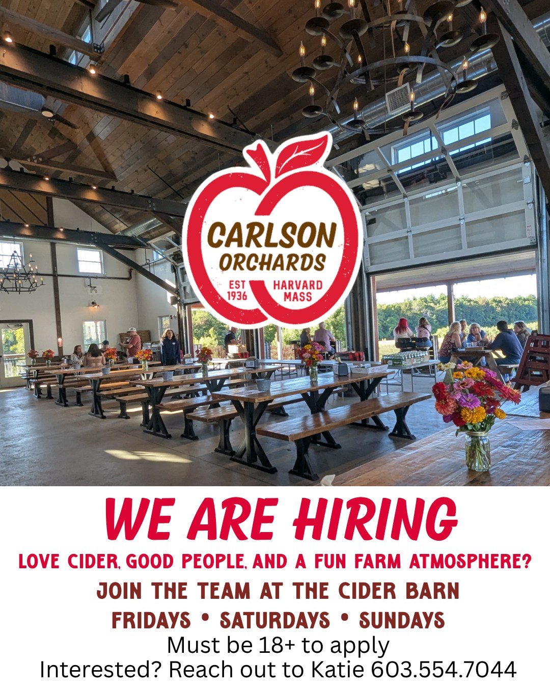 Come spend your weekends at the Cider Barn.  We&rsquo;re looking for friendly, reliable team members who are available Fridays&ndash;Sundays. Great seasonal opportunity for college students or anyone looking for a fun team environment, good people, a