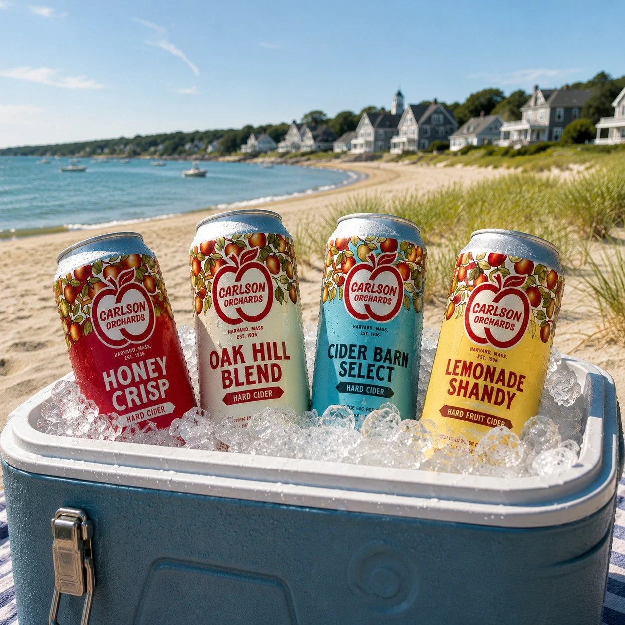 Summer is here, and so is your perfect beach companion. Grab a Carlson Orchards Variety Pack featuring Honey Crisp, Oak Hill Blend, Cider Barn Select, and Lemonade Shandy. Whether you're headed to the Cape, the lake, or your favorite stretch of New E
