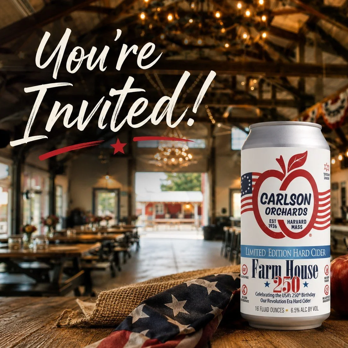 Celebrate 250 years of America with a cider rooted in tradition!

Join us Friday June 26 at 6:30 PM at the Cider Barn as we launch Farmhouse 250, our limited-release cider inspired by the ciders enjoyed 250 years ago. Hear the story behind the cider,