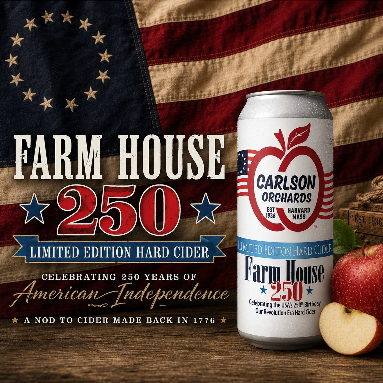 Introducing Farm House 250! Celebrate our nation's 250th birthday with a cider rooted in tradition. Inspired by the farmhouse ciders of early America, this limited-edition release is dry, robust, and beautifully straightforward.

Crafted with intenti